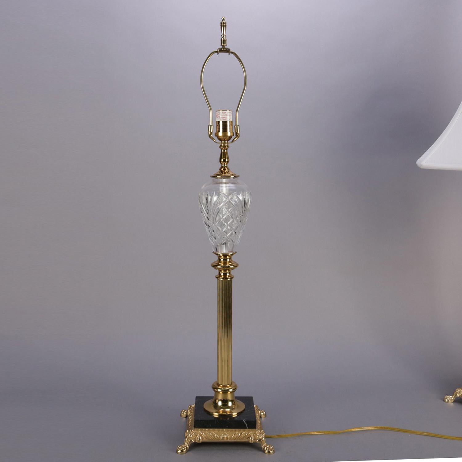2 Irish Waterford Marlow Regency Cut Crystal, Gilt and Marble Table Lamps 6