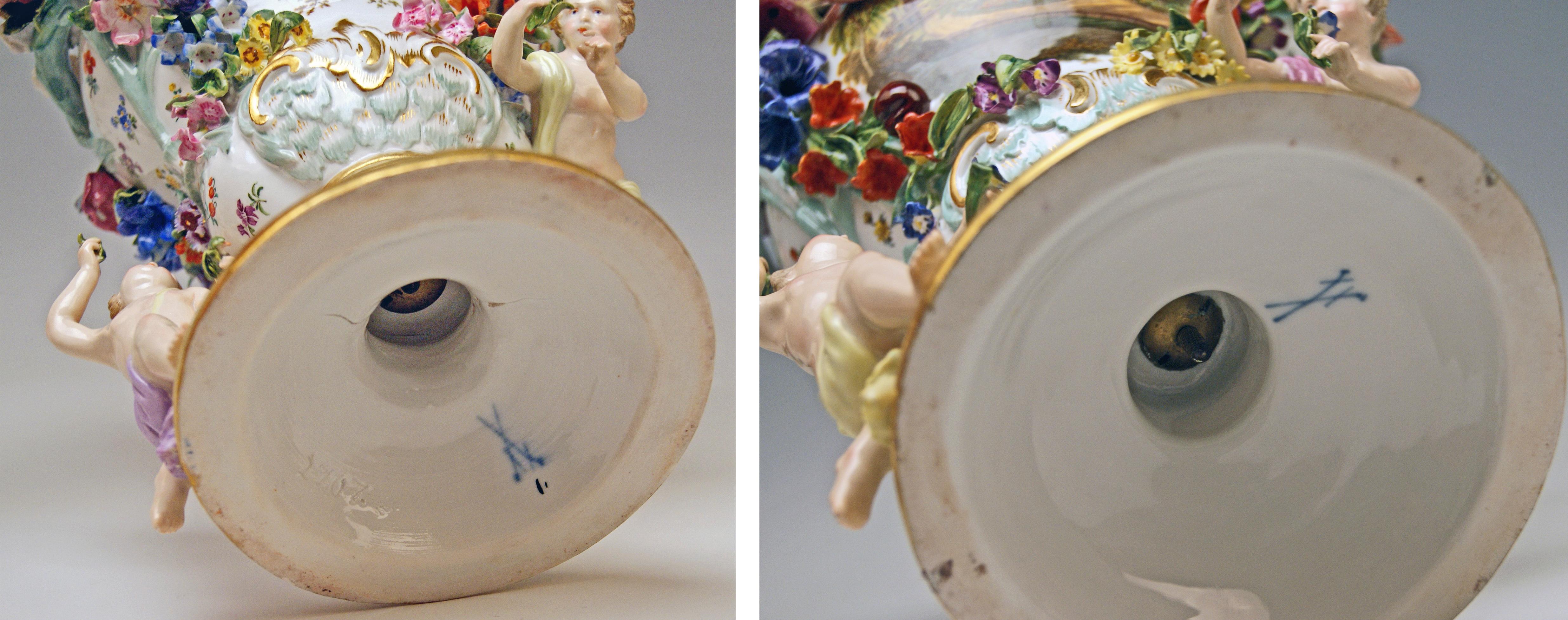 Meissen Two Potpourri Vases 2707 Painted Pictures Cherubs Flowers Kaendler 1870 8