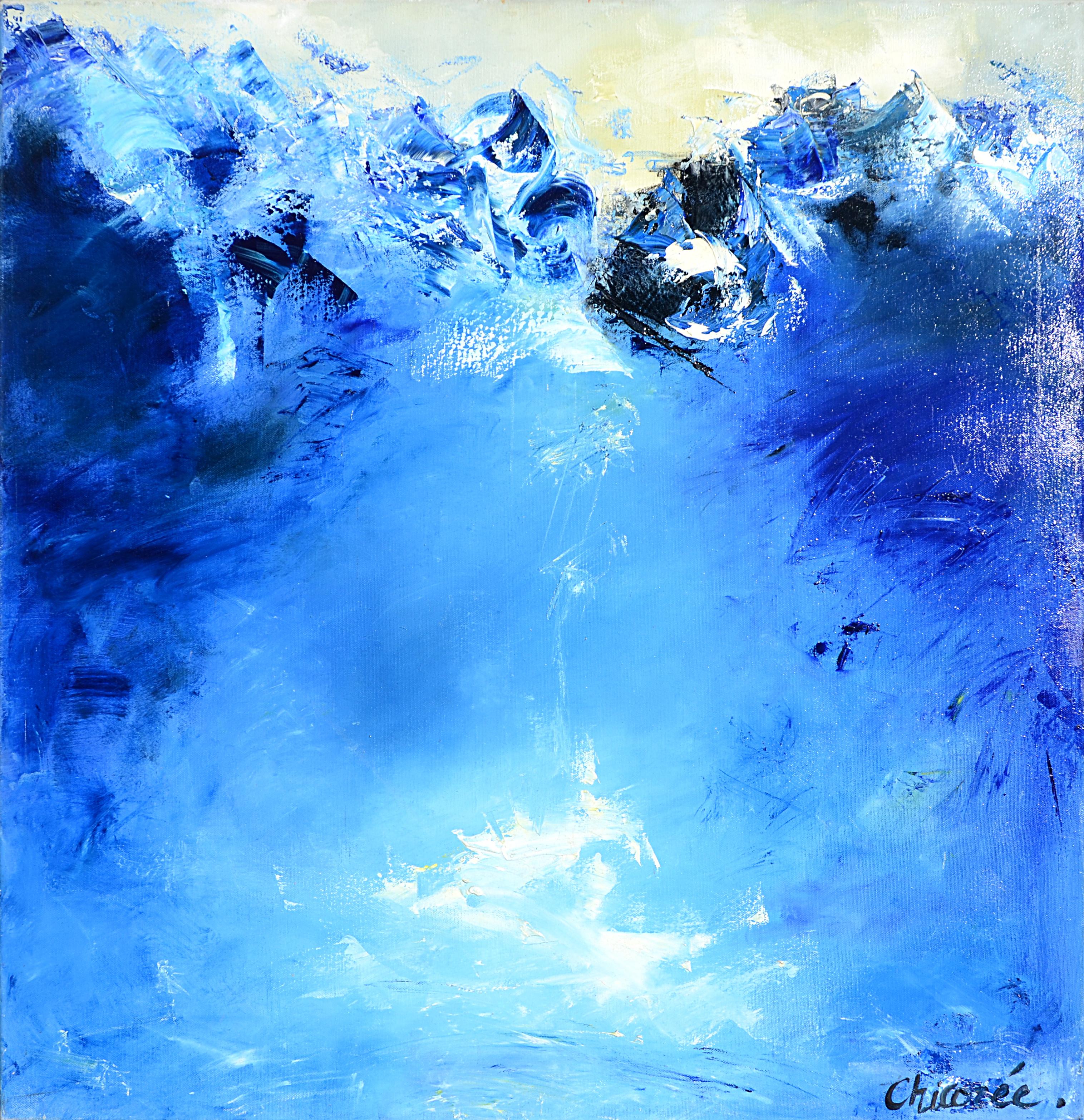 Chicorée Abstract Painting - "L'eau d'as", Blue Abstract Squared Oil Painting
