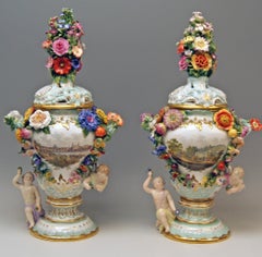 Meissen Two Potpourri Vases 2707 Painted Pictures Cherubs Flowers Kaendler 1870
