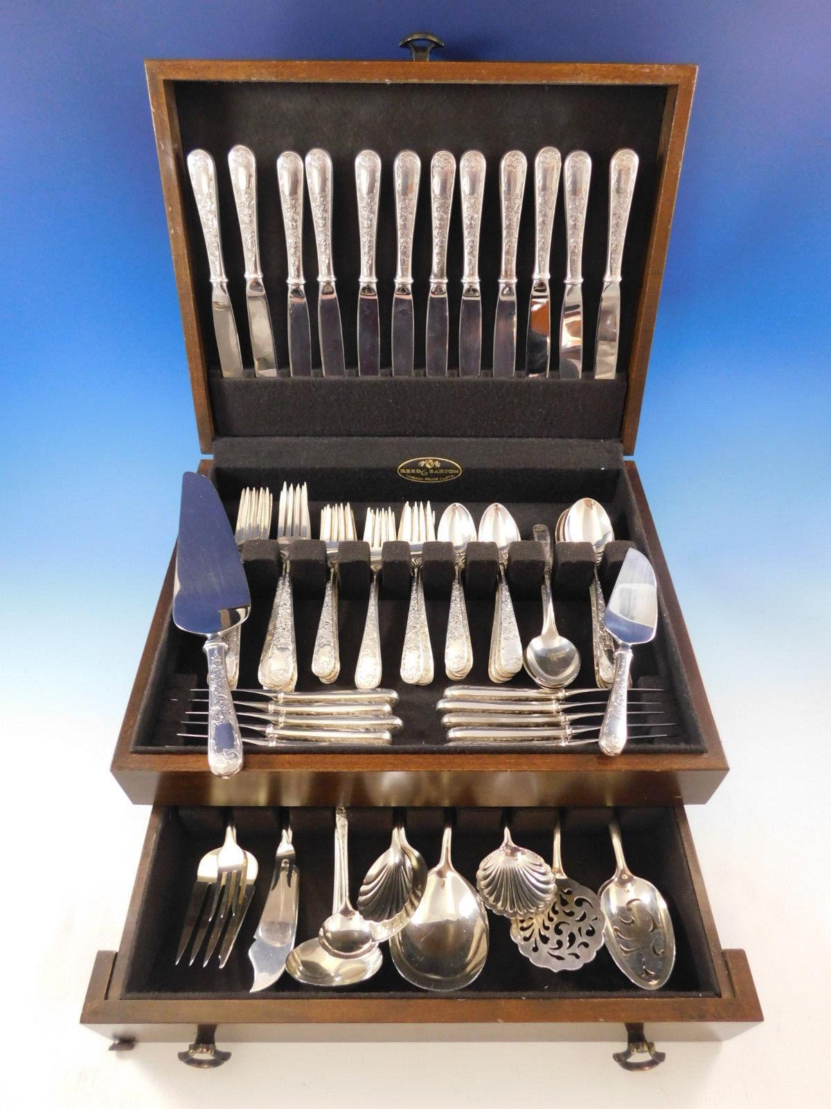 Old Maryland Engraved by Kirk sterling silver flatware set of 87 pieces, including many servers. This set includes:

12 knives, 9