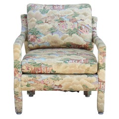 Set of Two Modern Barrel Back Lounge Chairs with Chinoiserie Landscape Fabric
