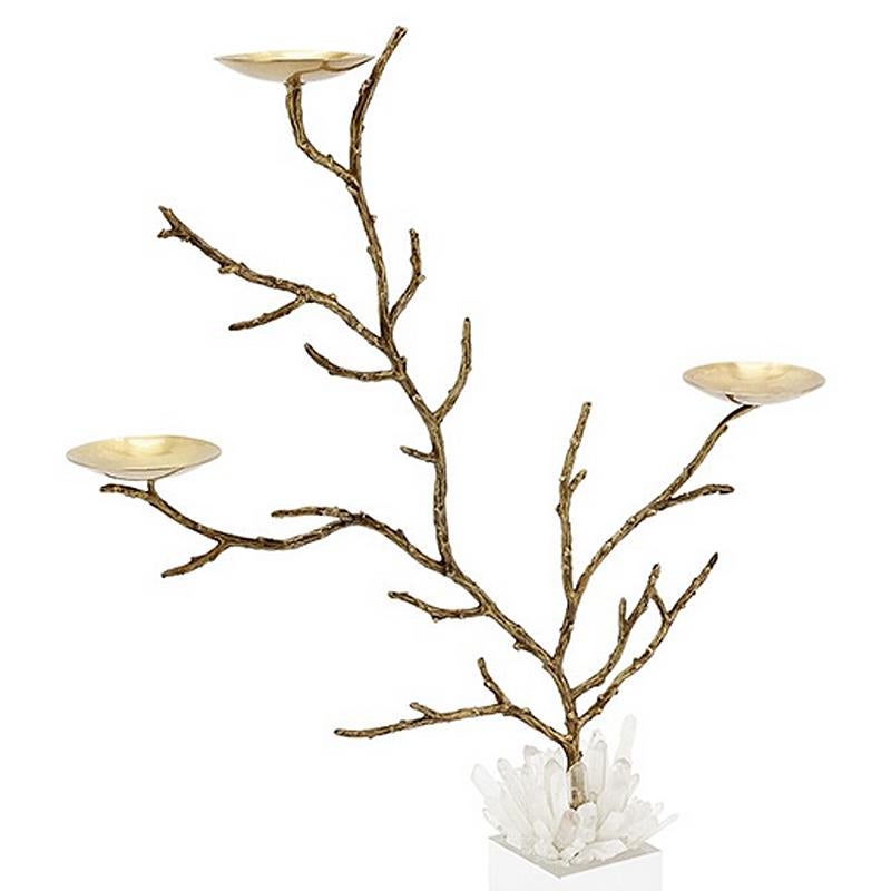 Candleholders bronze finish branches 
with cubic glass base with cutted glass 
sticks on top. With metal branches in
bronze finish and with three candleholder cups
in gold finish.