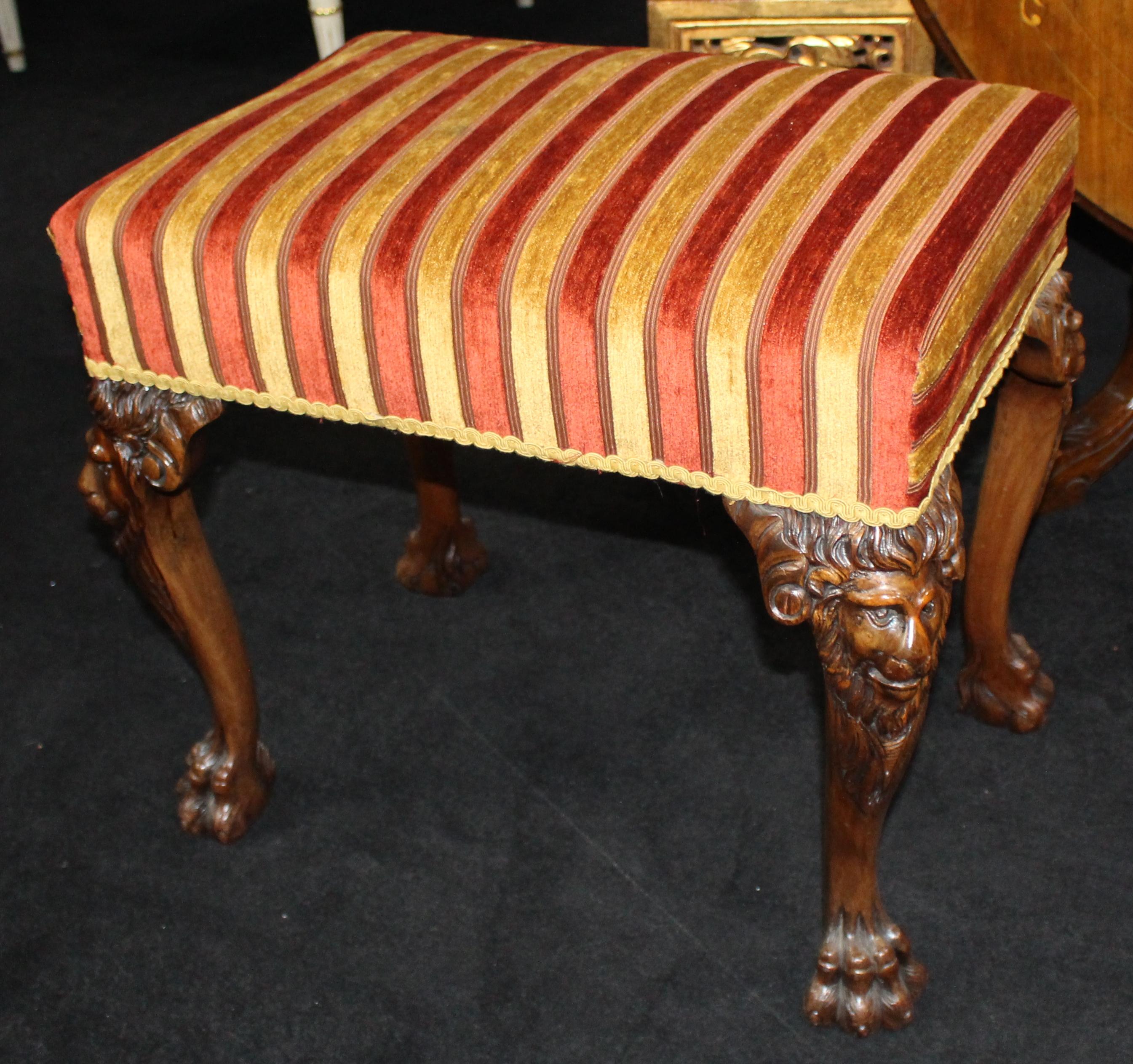 Period: Early 19th century.
Wood: Walnut, carved
Condition: Very good condition.




We are pleased to offer a very fine antique Irish stool

Dating from the early 19th century, walnut frame with finely carved lion's heads to the knees and