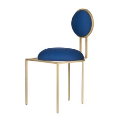 Orbit Dining Chair in Blue Wool Fabric, Brushed Brass, by Lara Bohinc