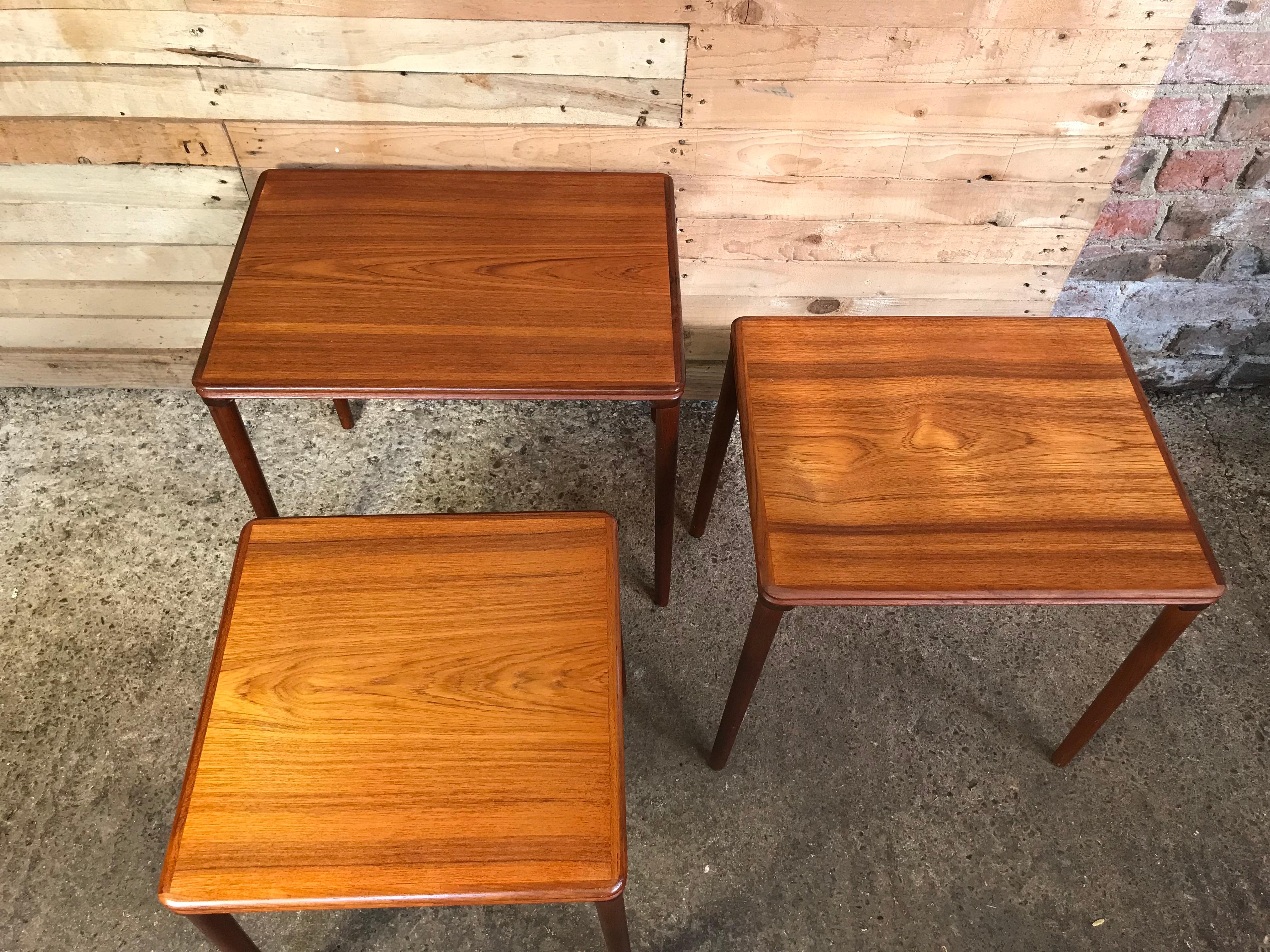 A gorgeous set of teak nest of tables, solid legs, they have beautiful detailing and simply stunning grain. Labels made in Denmark.

Measures: Height 49cm, depth 40cm, width 55cm.

    