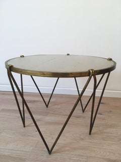 Jean Royere Style 1950s Gueridon, Gilt Metal Frame, Saint Gobain Slab Glass Top