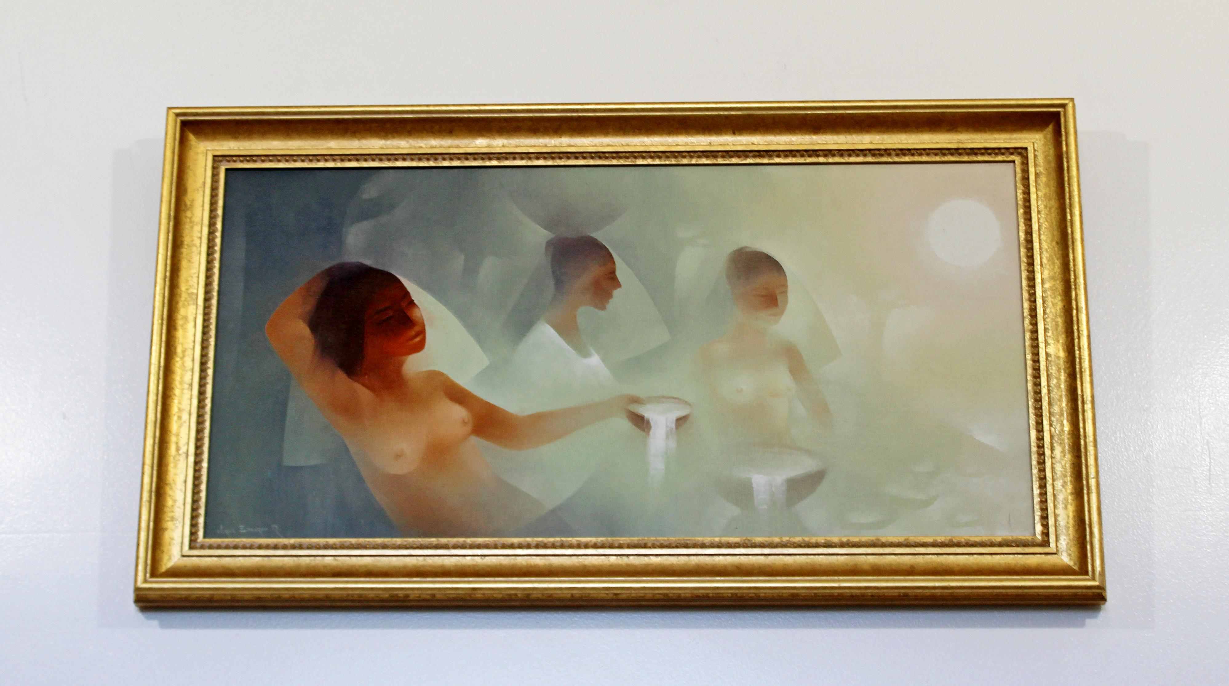 For your consideration is a phenomenal oil on canvas framed painting of nude women holding bowls, signed by Jorge Edgardo. In excellent condition. The dimensions of the frame are 36