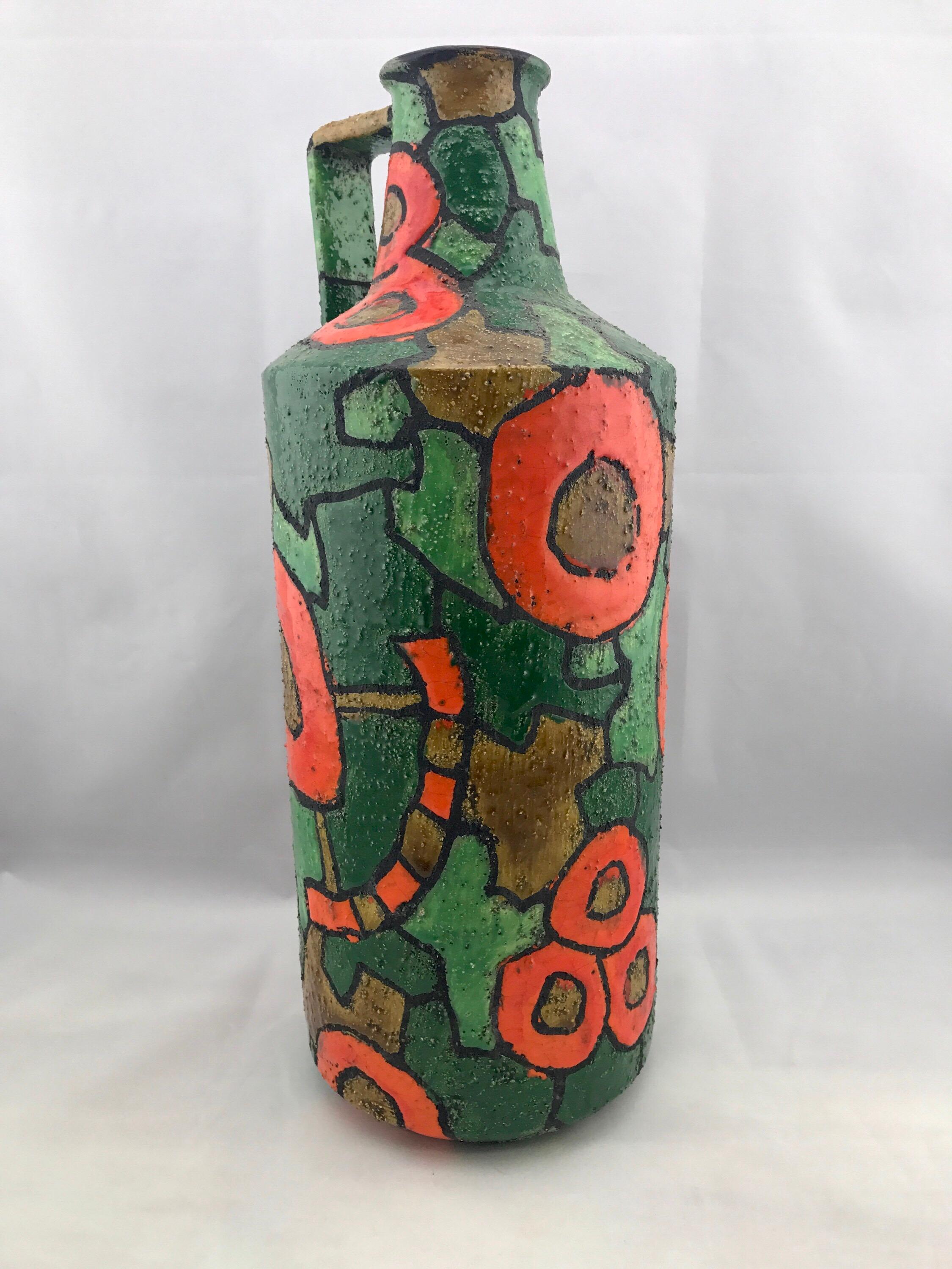 Monumental jug by Alvino Bagni for Raymor In The Tiffany Décor. This decor (pattern) is uncommon to the market and highly sought after. Very large and colorful. No known issues that would detract from value or aesthetics. Ready for use.