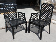 1980s Pair of English Black Lacquered Armchairs with Grid Pattern Backrest