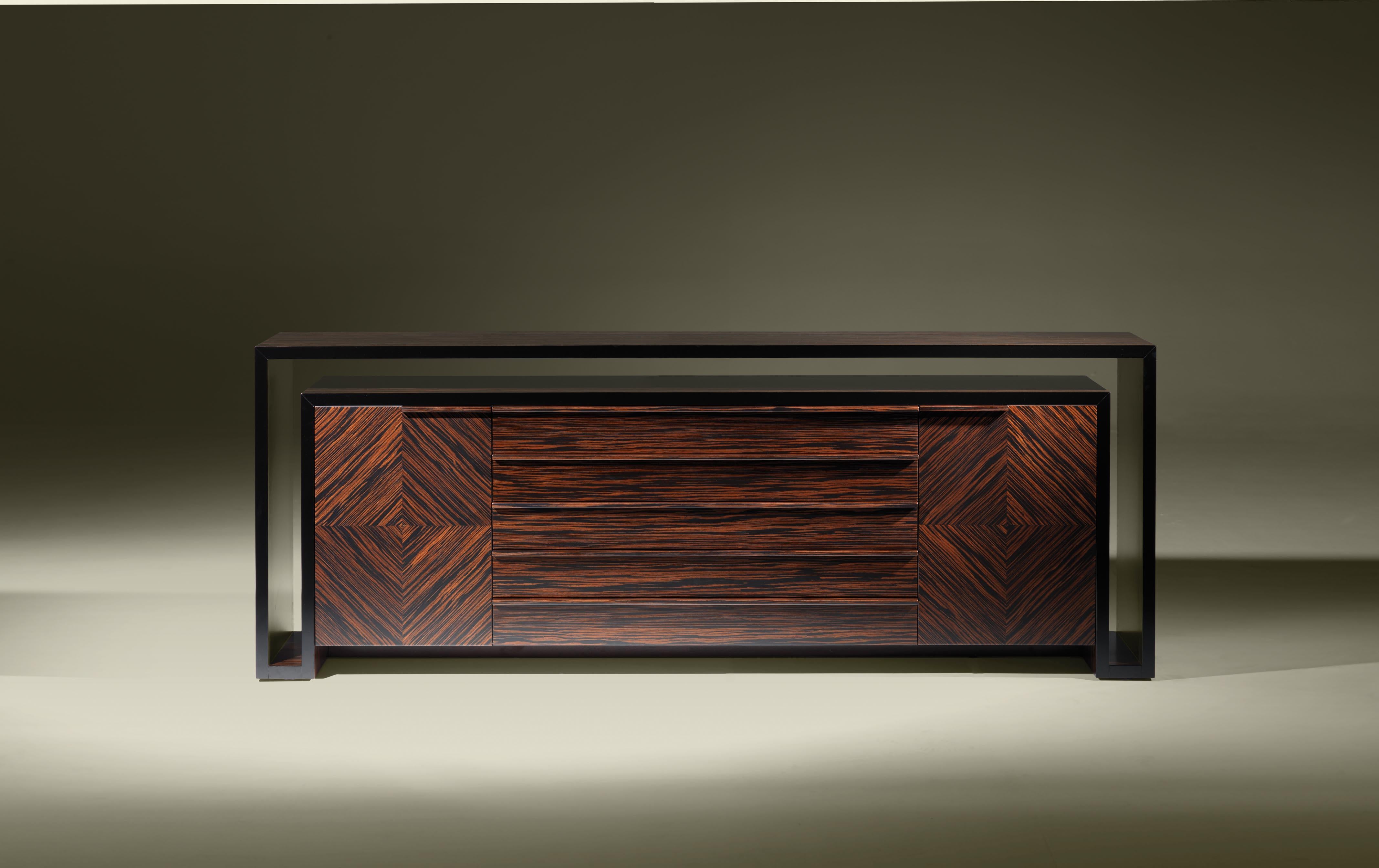 Duplo U-contemporary sideboard in composed ebony of two doors with five drawers [1st drawer lined inside] and two shelf.

Bespoke / Customizable
Identical shapes with different sizes and finishings.
All RAL colors available. (Mate / Half Gloss /