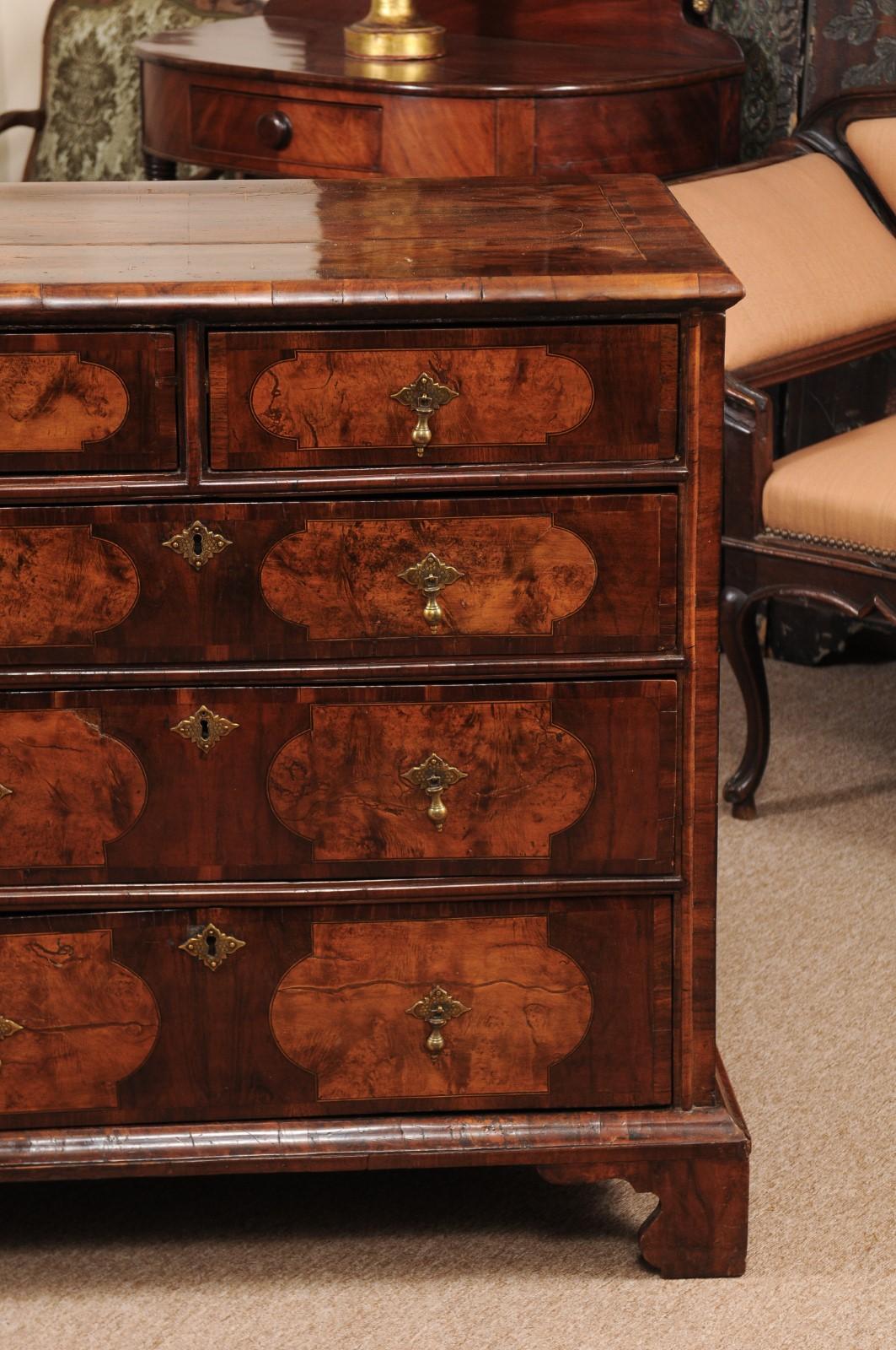 The William & Mary chest with string Inlay and five burled walnut paneled drawers with brass tear drop pulls terminating in ogee feet.