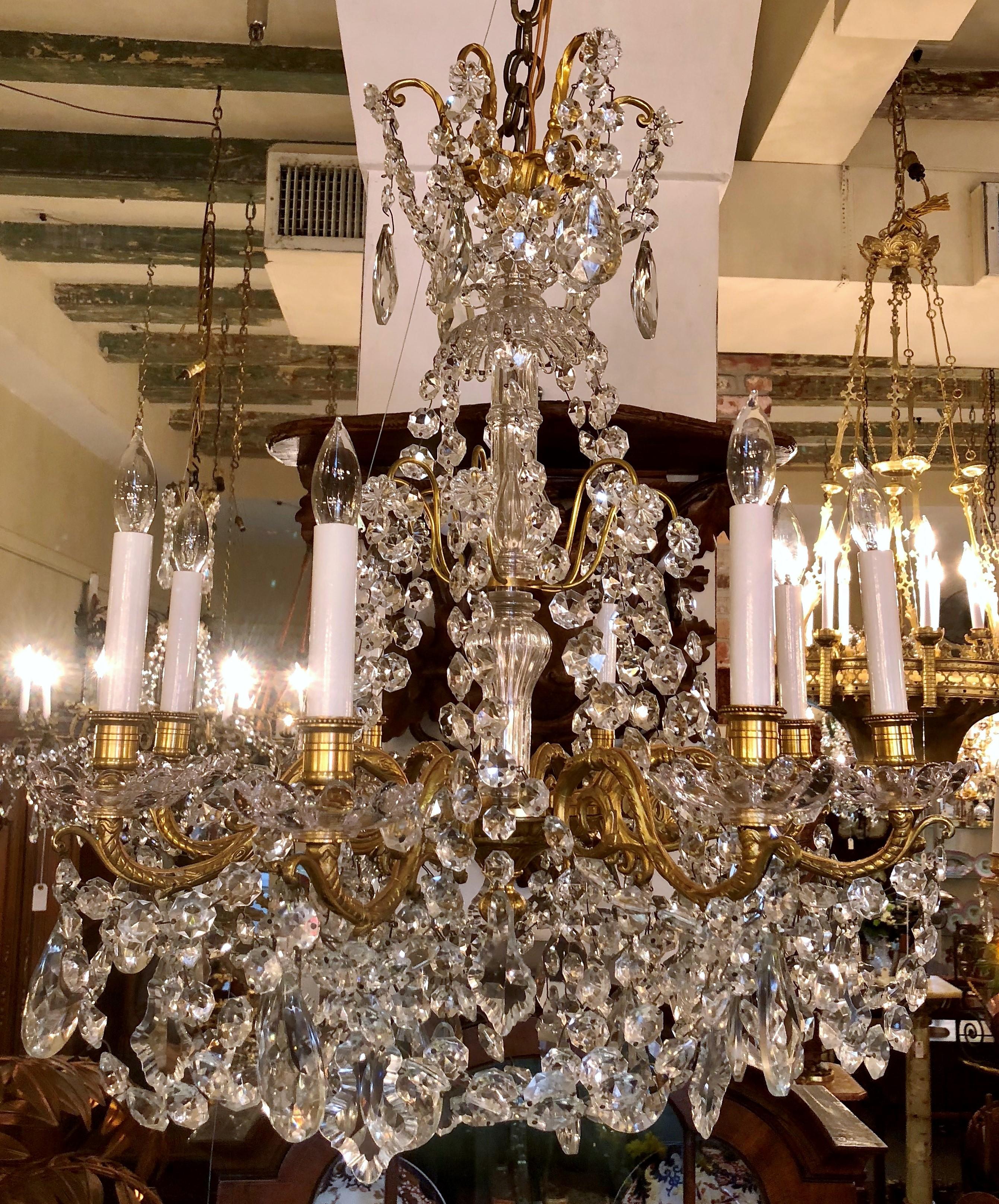 Estate French bronze doré and crystal 8-light chandelier, circa 1940-1950.