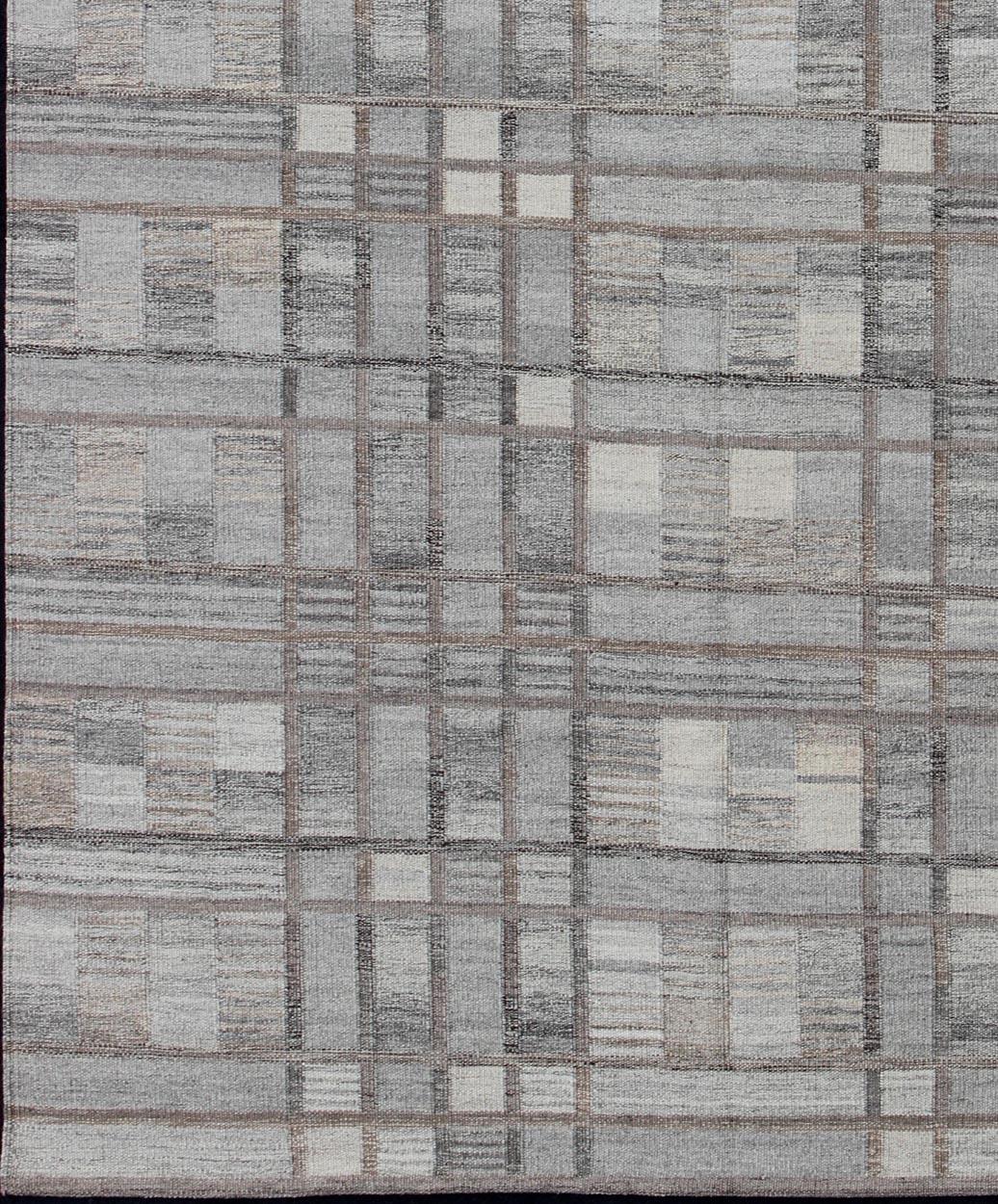 Gray colored geometric stripe block modern Scandinavian flat-weave design rug, rug rjk-16330-shb-047-03, country of origin / type: India / Scandinavian flat-weave.

This Scandinavian flat-weave is inspired by the work of Swedish textile designers