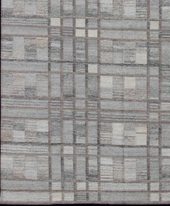 Geometric Stripe Block Modern Scandinavian Flat-Weave Design Rug in Gray Tones
