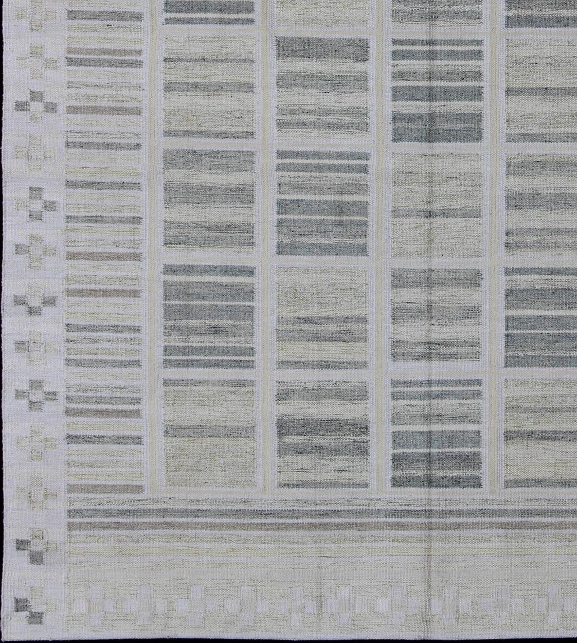 Shades of gray modern Scandinavian flat-weave rug with neutral stripe design, rug rjk-20011-shb-004-02, country of origin / type: India / Scandinavian flat-weave.

This Scandinavian flat-weave is inspired by the work of Swedish textile designers