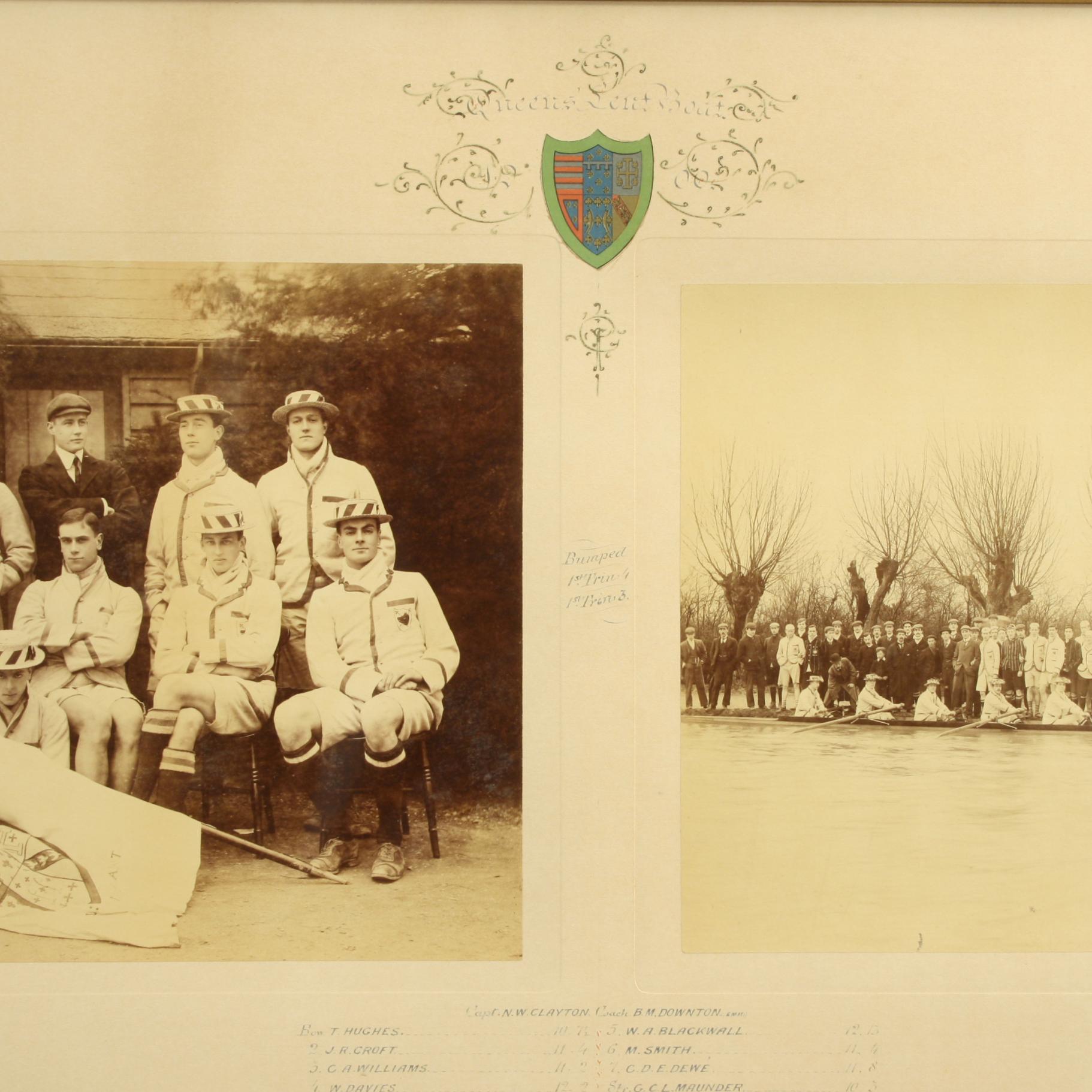 Cambridge University Queen's Double Rowing Photograph.
A good framed university rowing team photo of the 1900 Queen's Lent boat crew, Cambridge. The photos are framed in a traditional oak frame with gold slip with a team photo on the left and a
