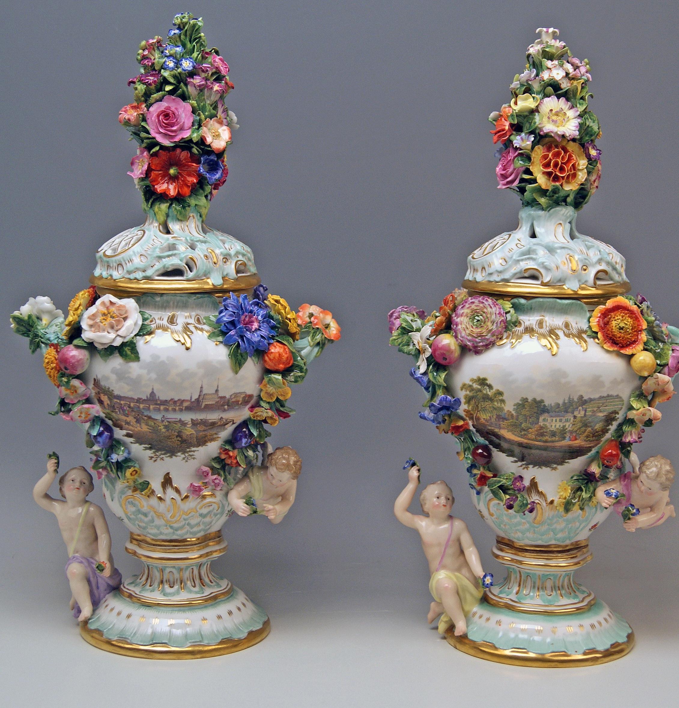 Rococo Meissen Two Potpourri Vases 2707 Painted Pictures Cherubs Flowers Kaendler 1870
