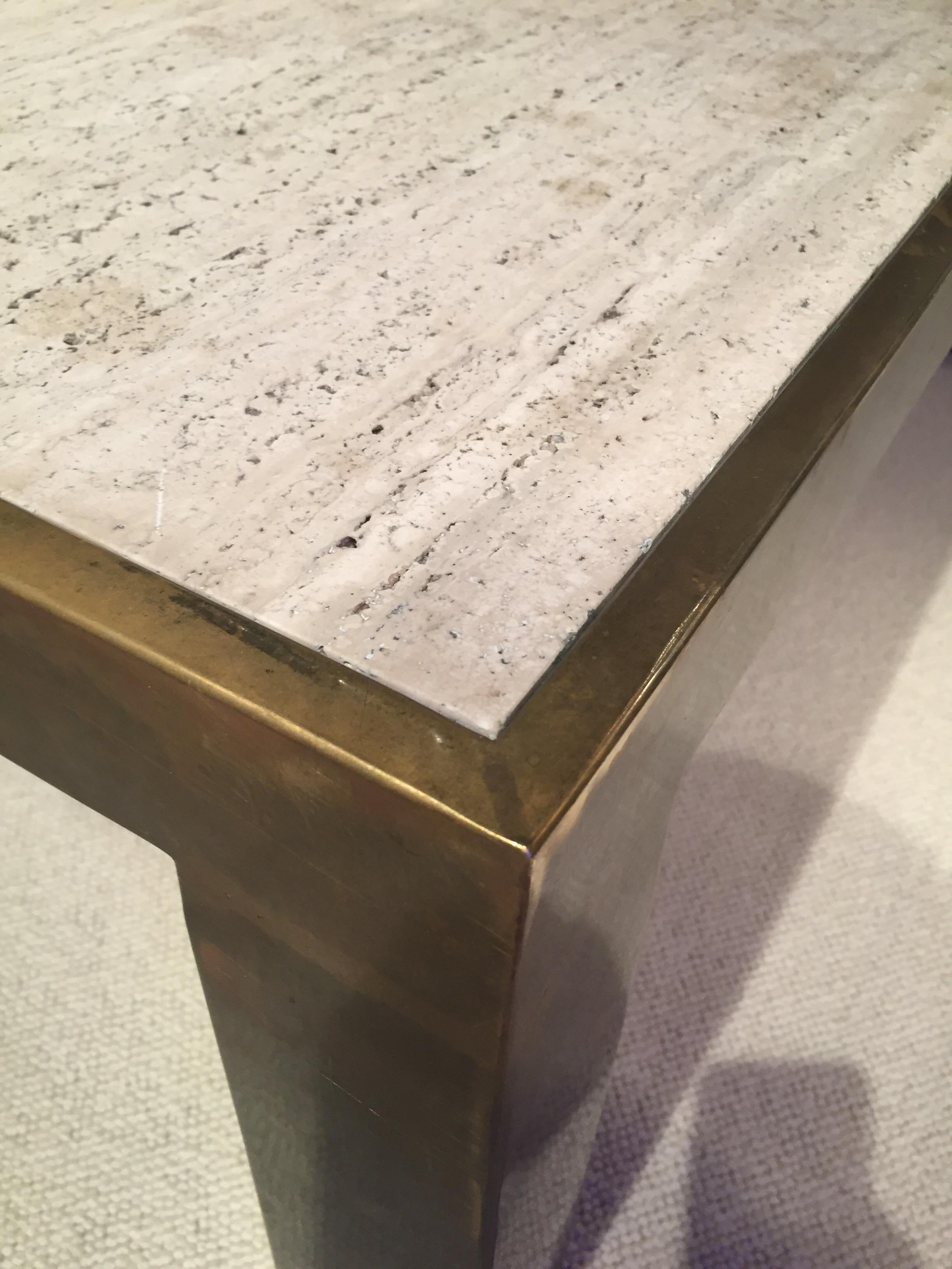 Mid-Century Modern 1970s Brass Coffee Table and Travertine Top