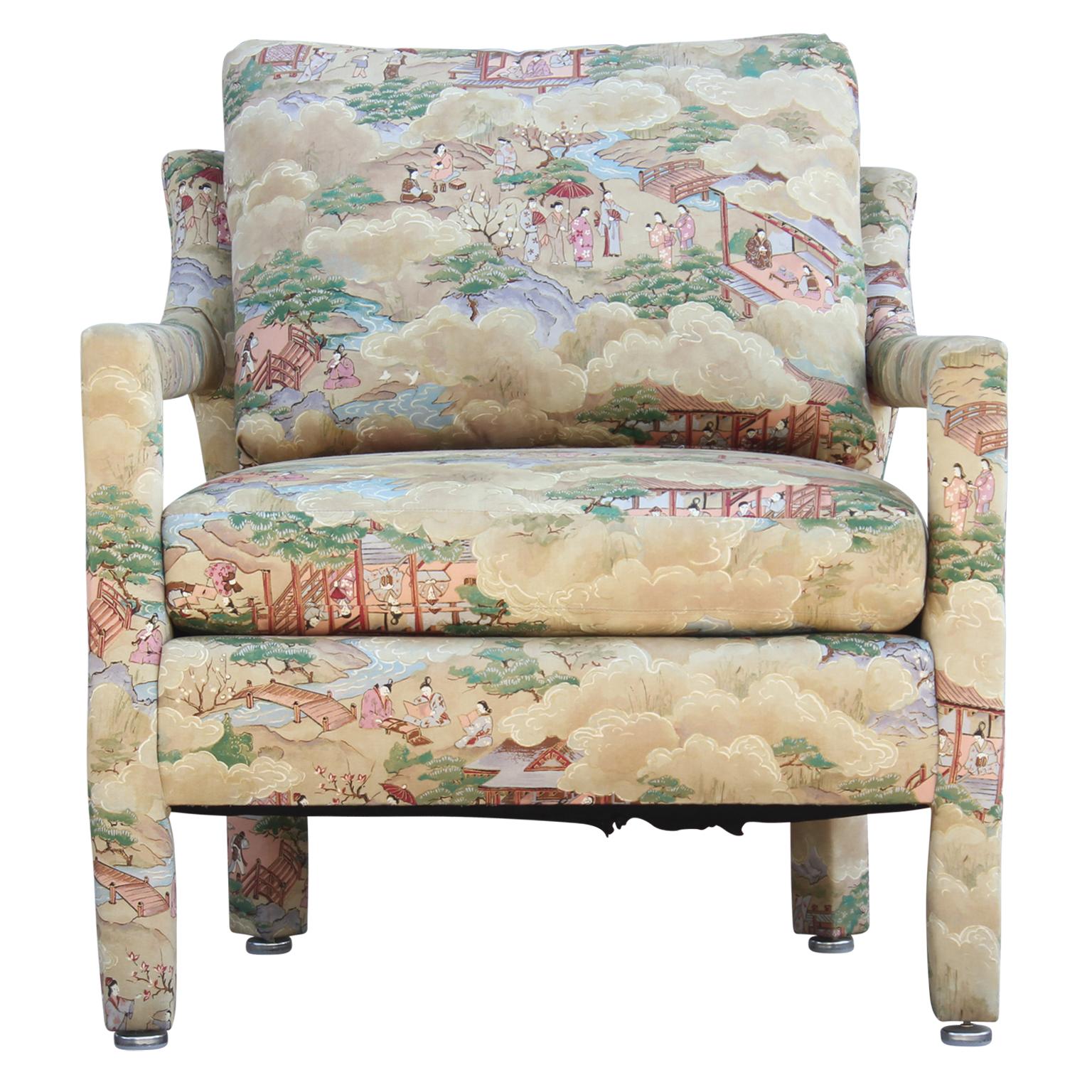 American Set of Two Modern Barrel Back Lounge Chairs with Chinoiserie Landscape Fabric
