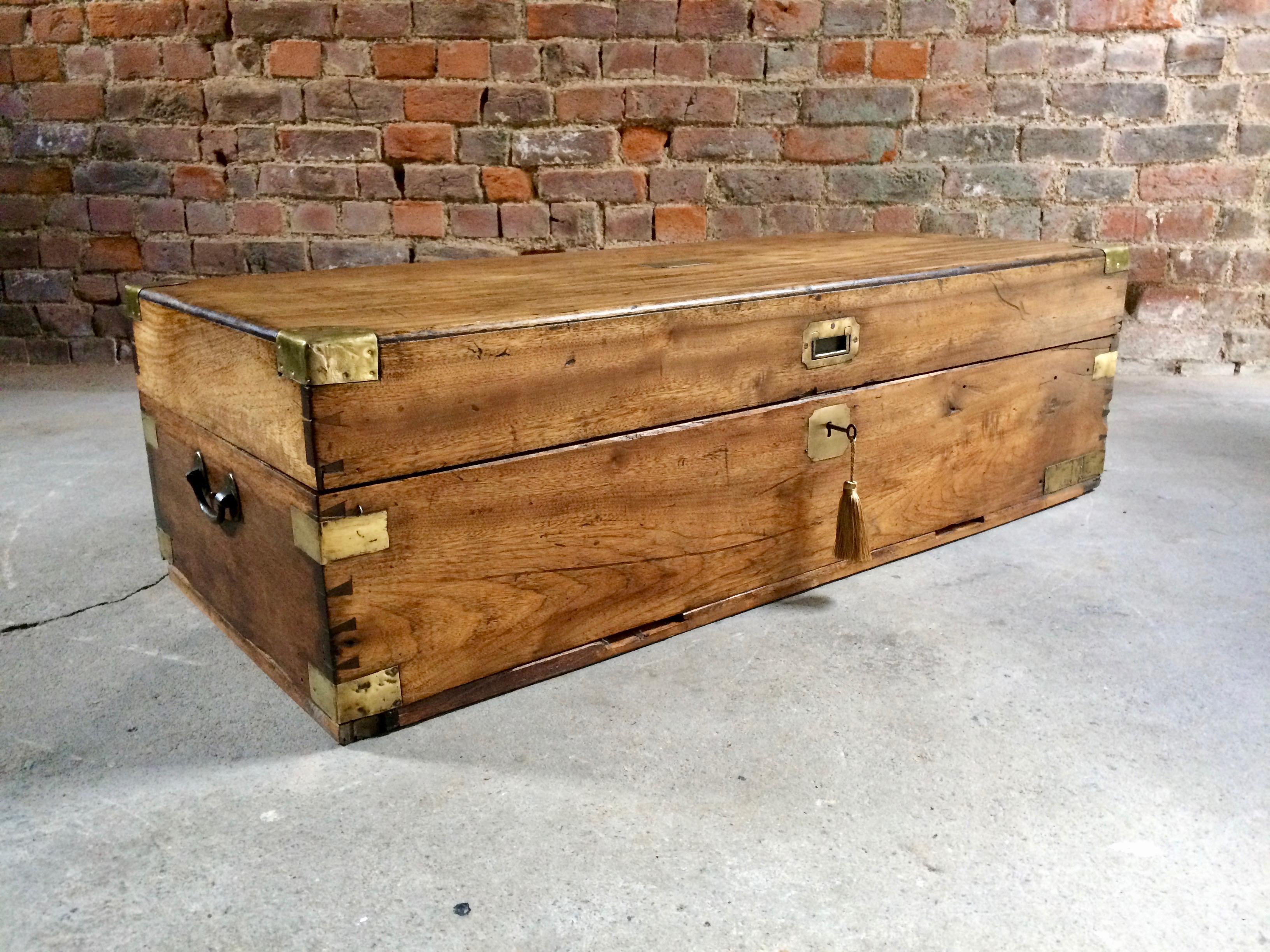 English Large Antique Campaign Travel Trunk Chest Coffer Teak Victorian, 19th Century