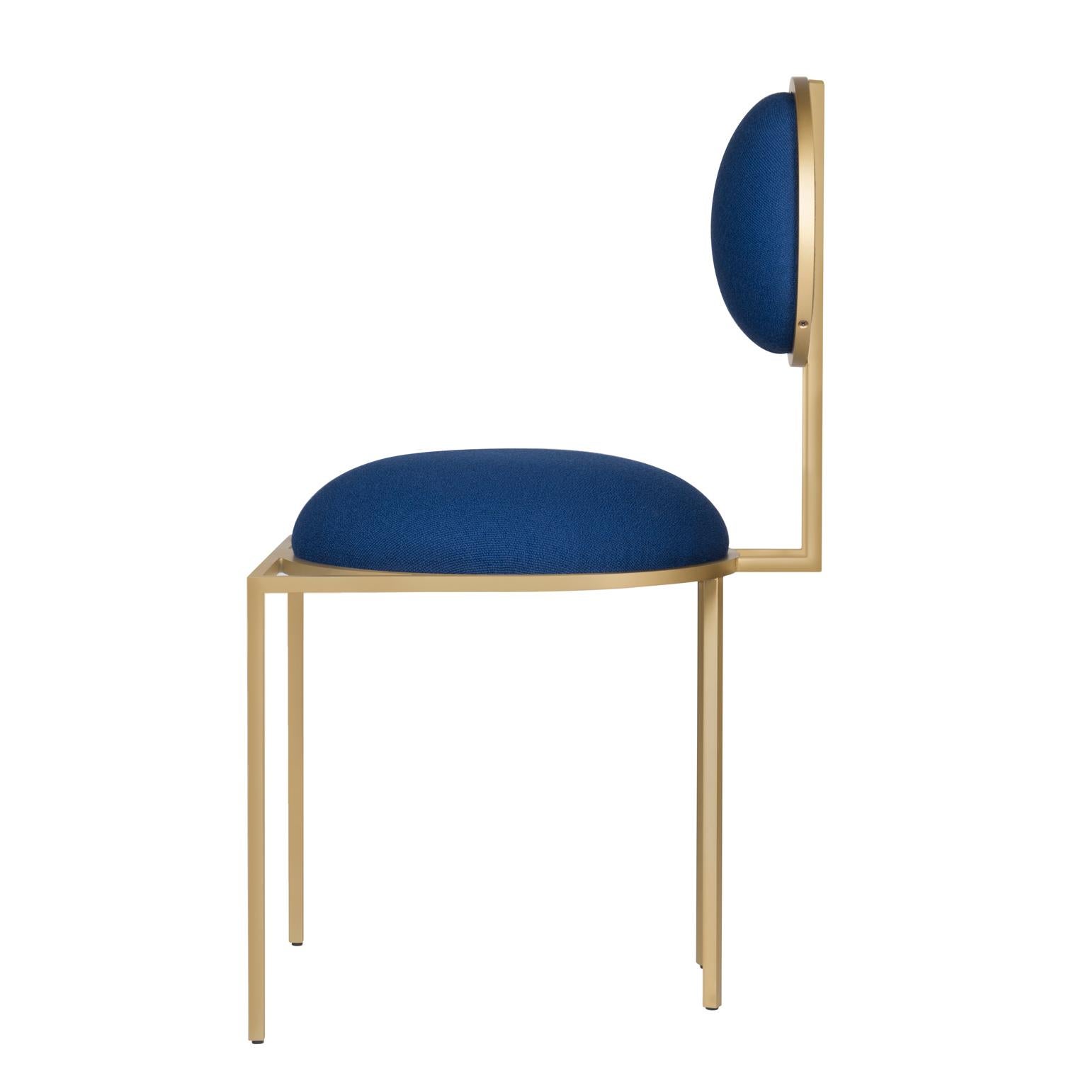 Modern Orbit Dining Chair in Blue Wool Fabric, Brushed Brass, by Lara Bohinc For Sale