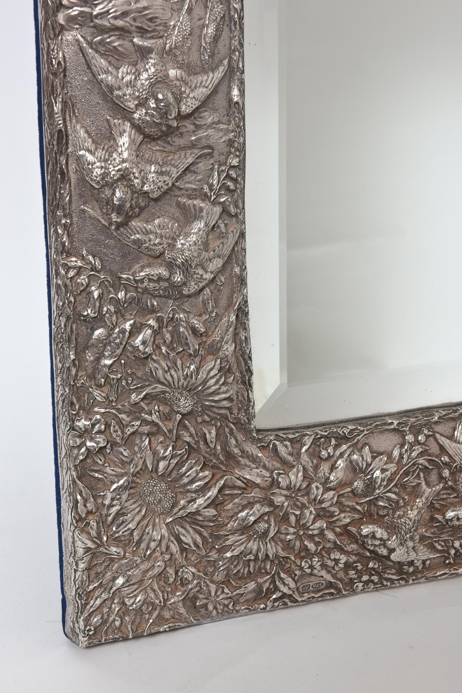Beveled Repoussé Flowers and Birds Sterling Silver Framed Table Vanity Mirror