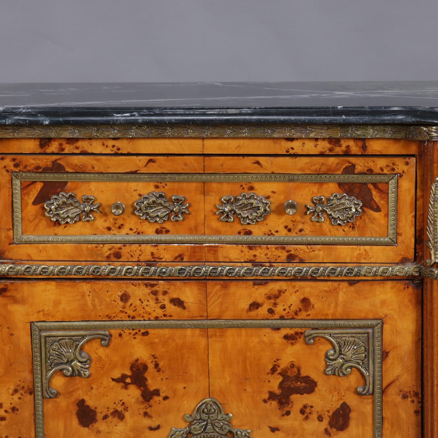 Beveled Vintage Italian Neoclassical Burl Walnut, Gilt Castings and Marble Credenza