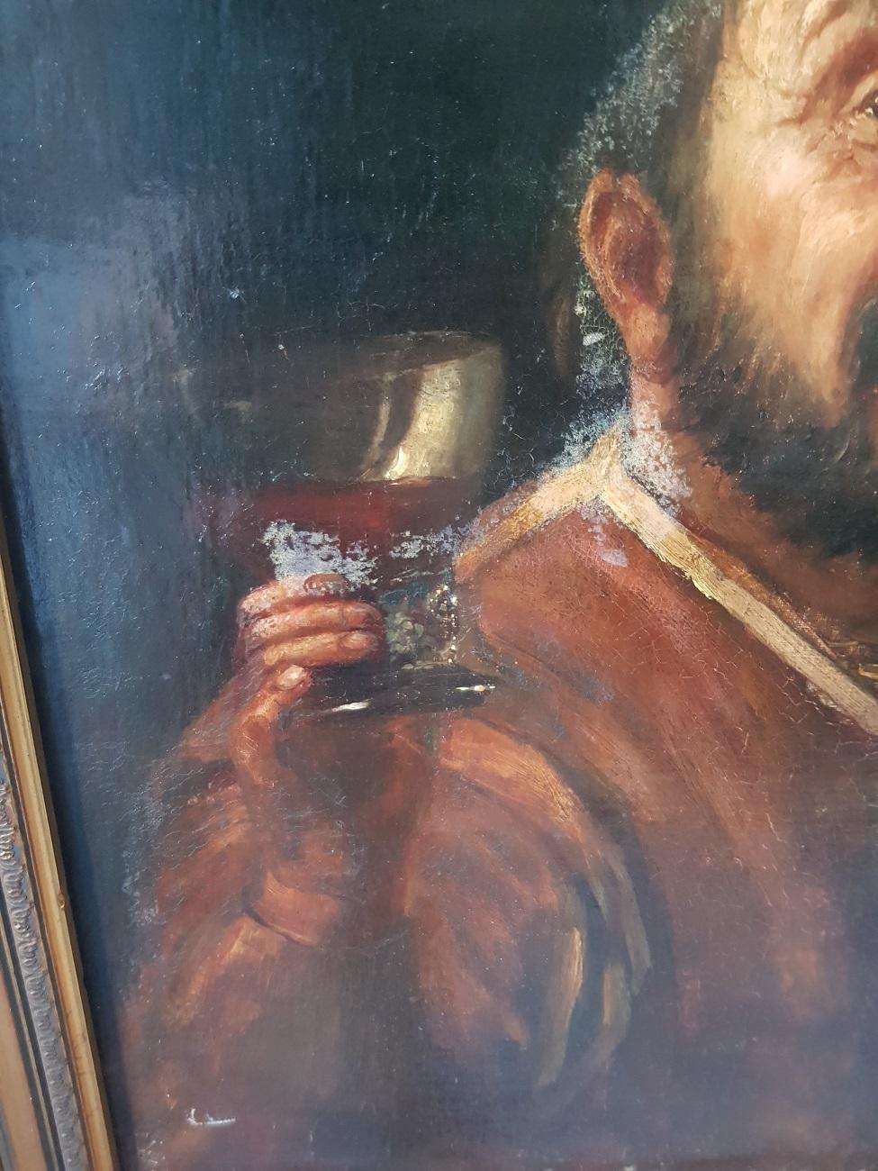 European 19th Century Painting of a Happy Drinking and Smoking Person