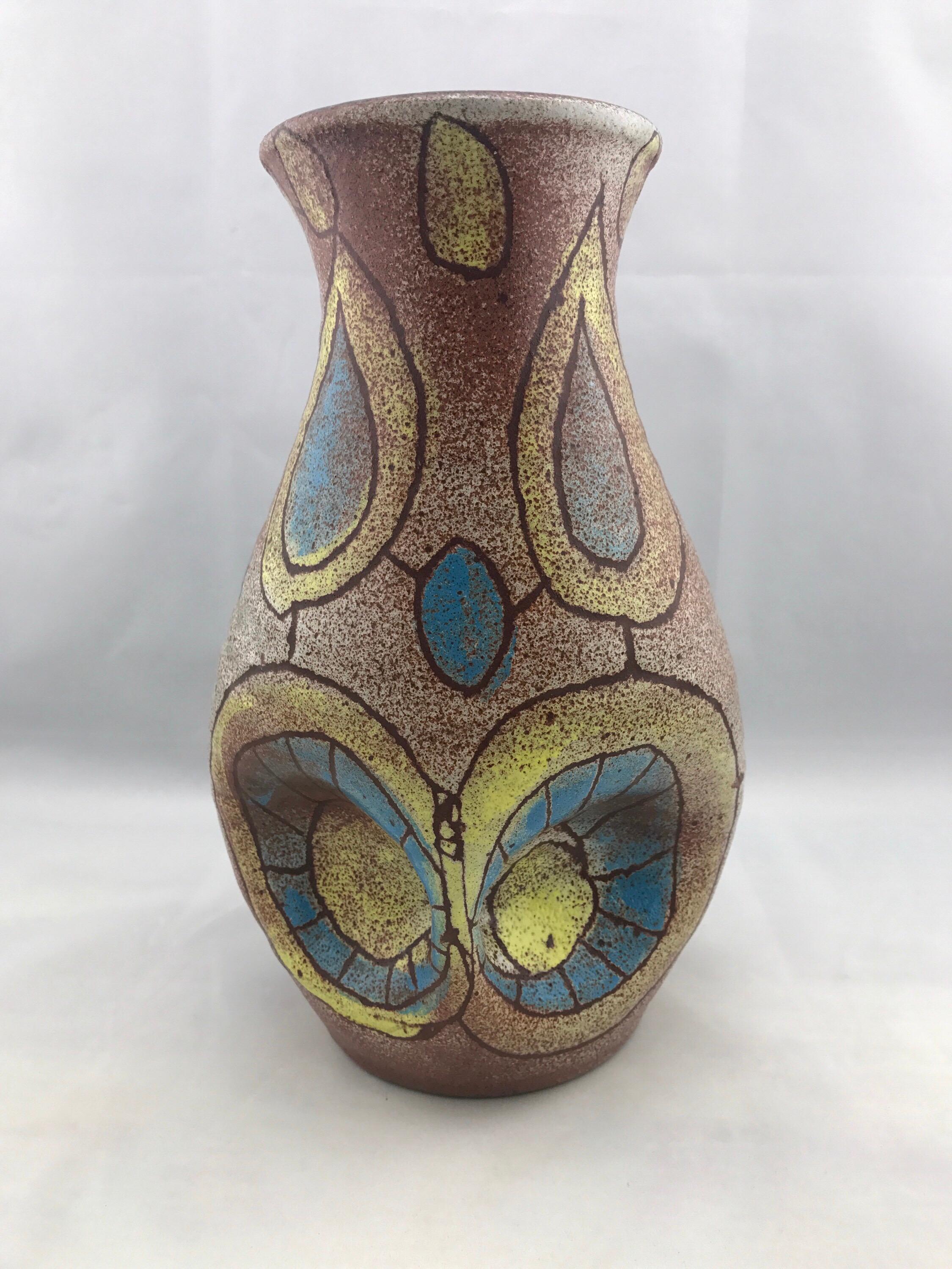 Mid-Century Modern French Vase by Accolay, Vintage Blue & Yellow Modernist Owl In Good Condition In Marietta, GA