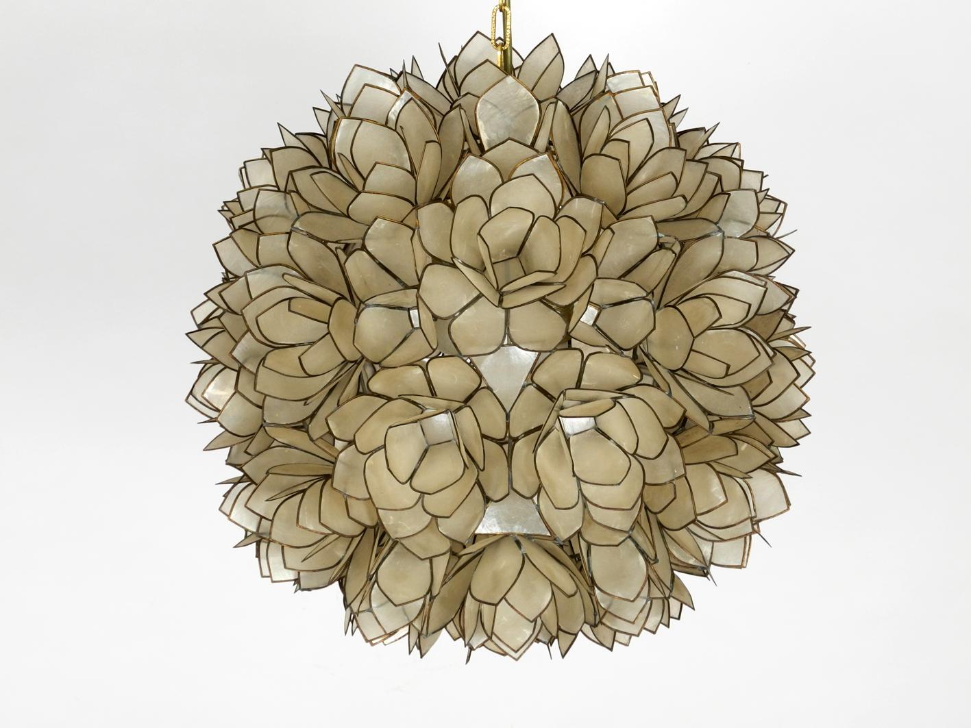 Mid-Century Modern Elegant Beautiful 1970s Flowers Spherical Pendant Lamp Made of Mother-of-Pearl