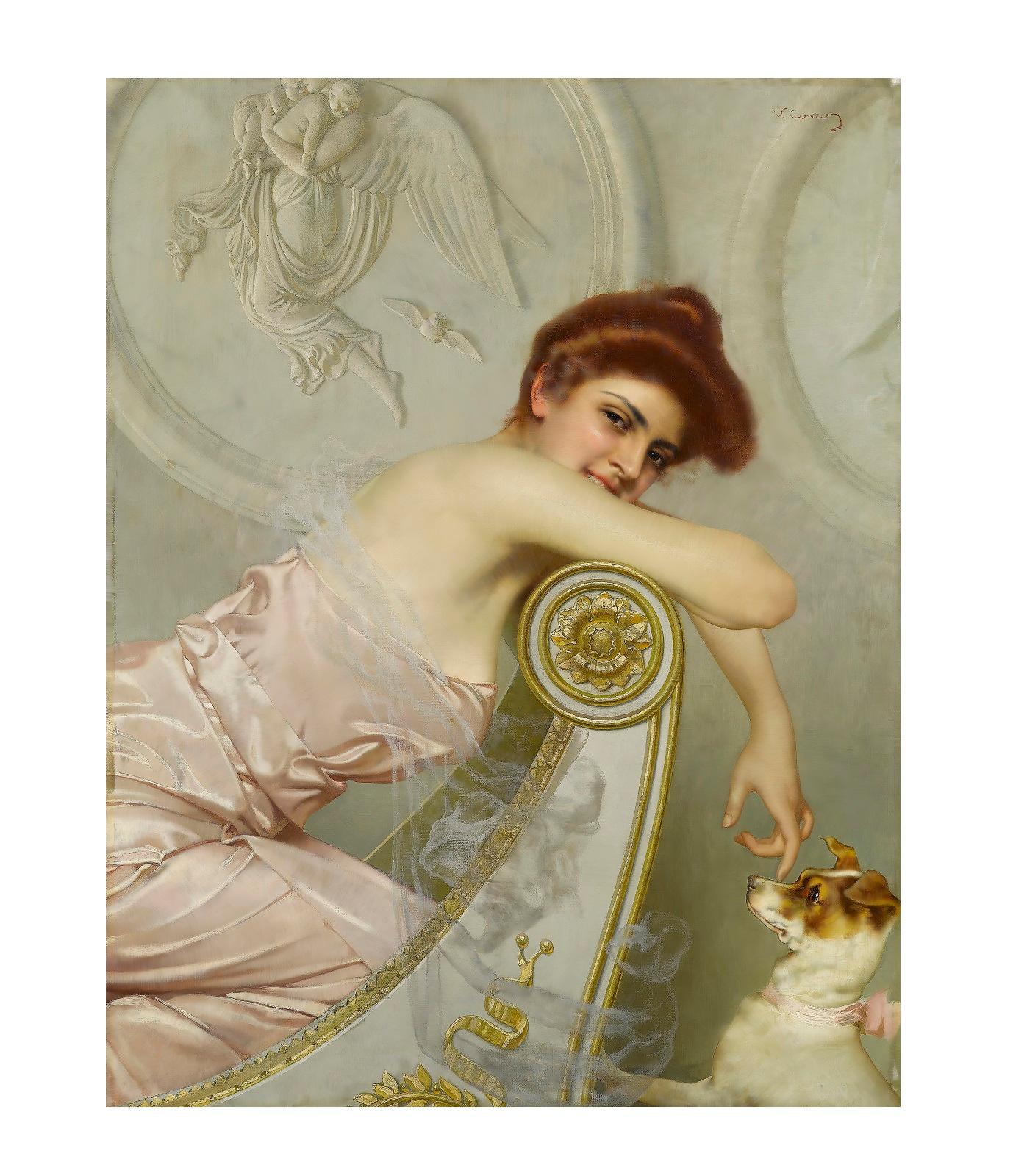 Italian Alluring Gaze, after Oil Painting by Belle Époque artist Vittorio Matteo Corcos For Sale