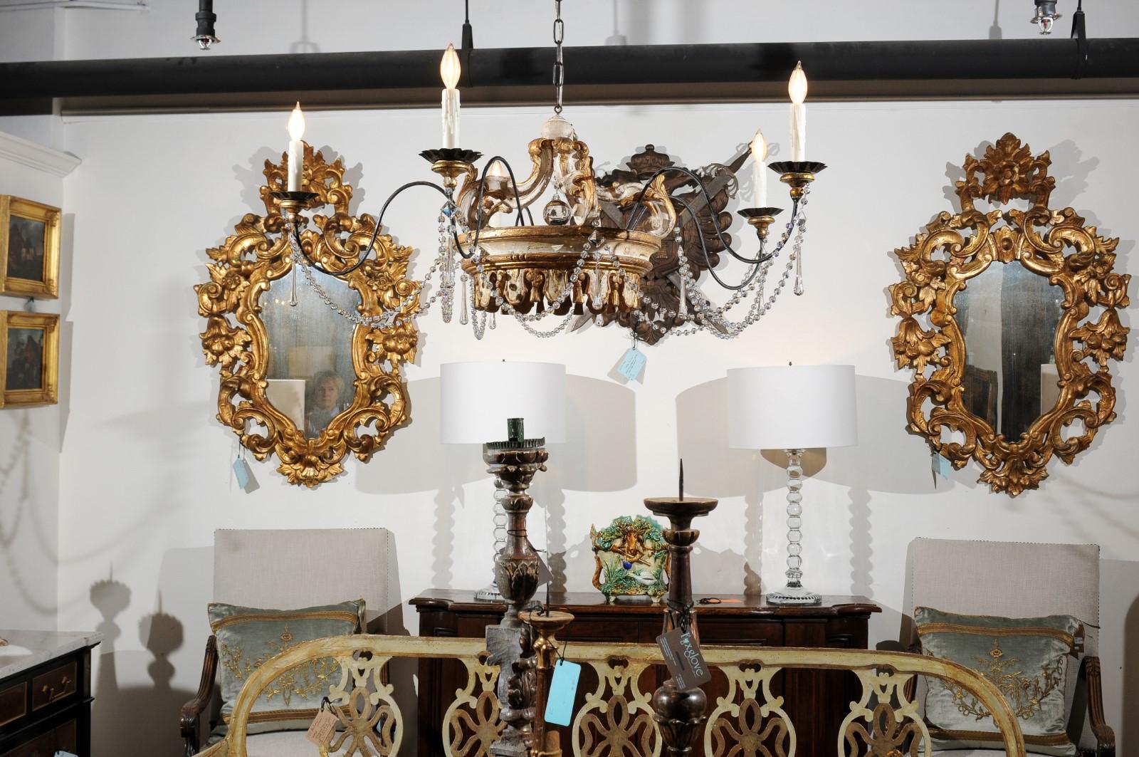 Italian Rococo Style Five-Light Crystal Parcel-Gilt Crown Chandelier with Swoop Arms