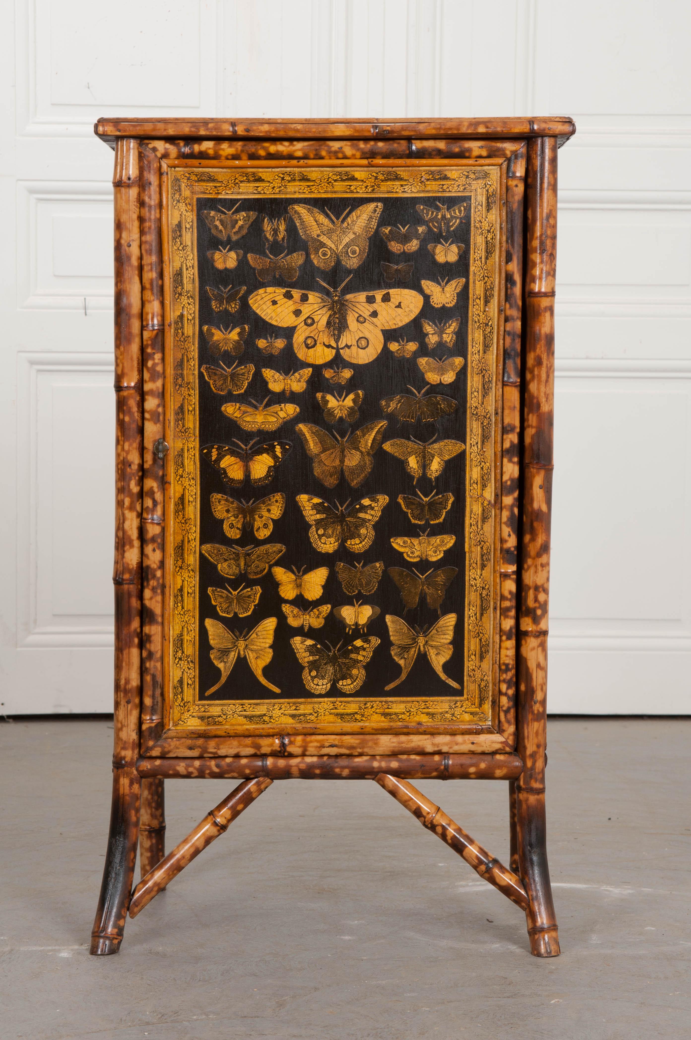Victorian English 19th Century Découpage Moth Bamboo Cabinet