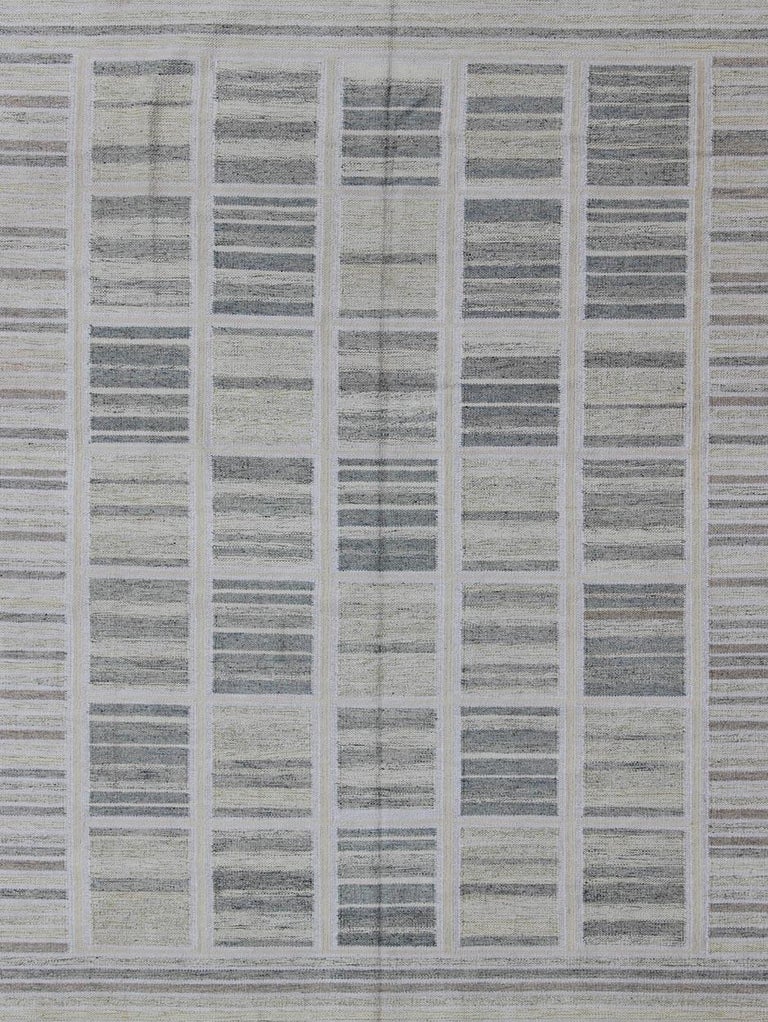 Neutral Stripe Pattern Modern Scandinavian Flat-Weave Rug in Shades of ...