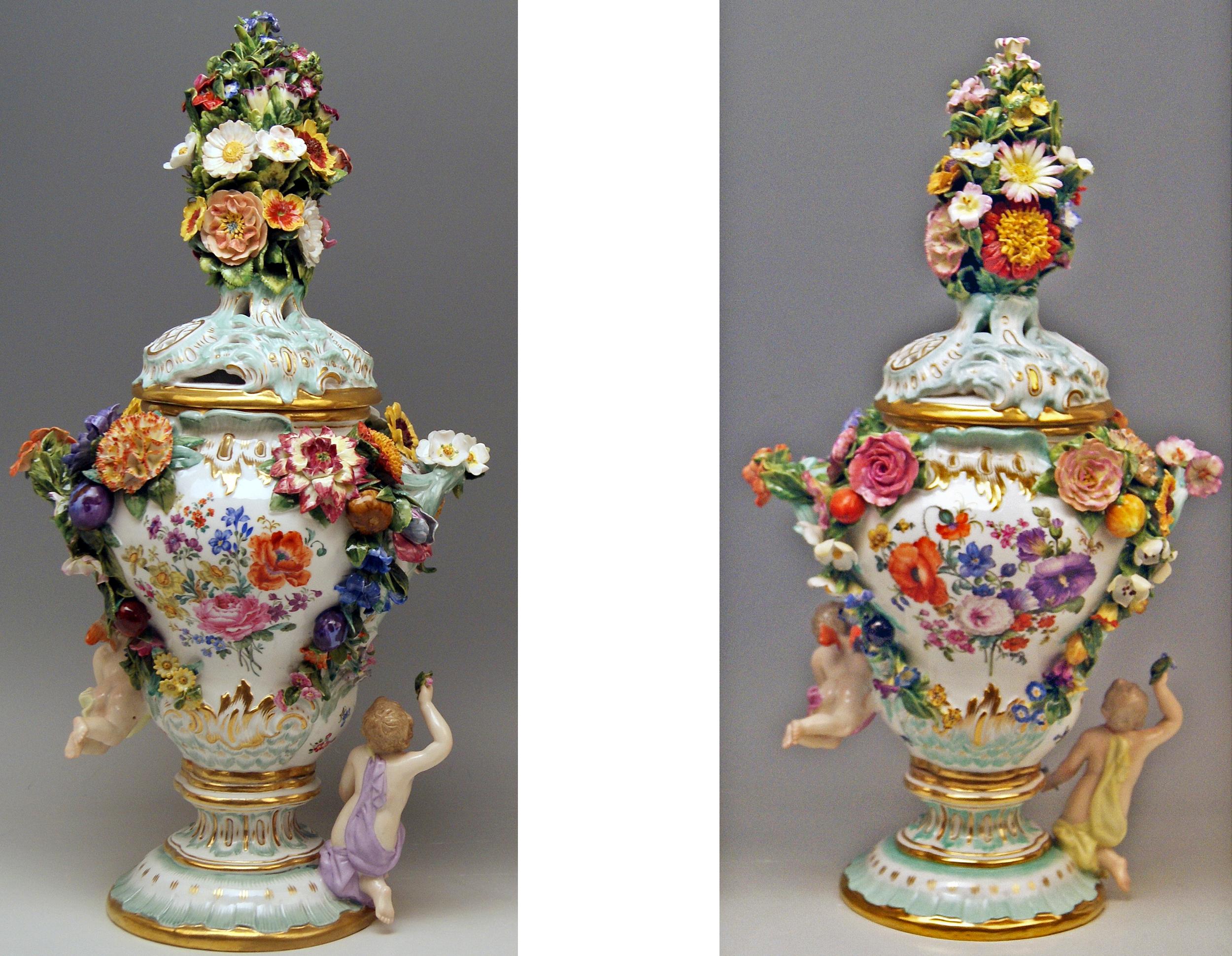 German Meissen Two Potpourri Vases 2707 Painted Pictures Cherubs Flowers Kaendler 1870