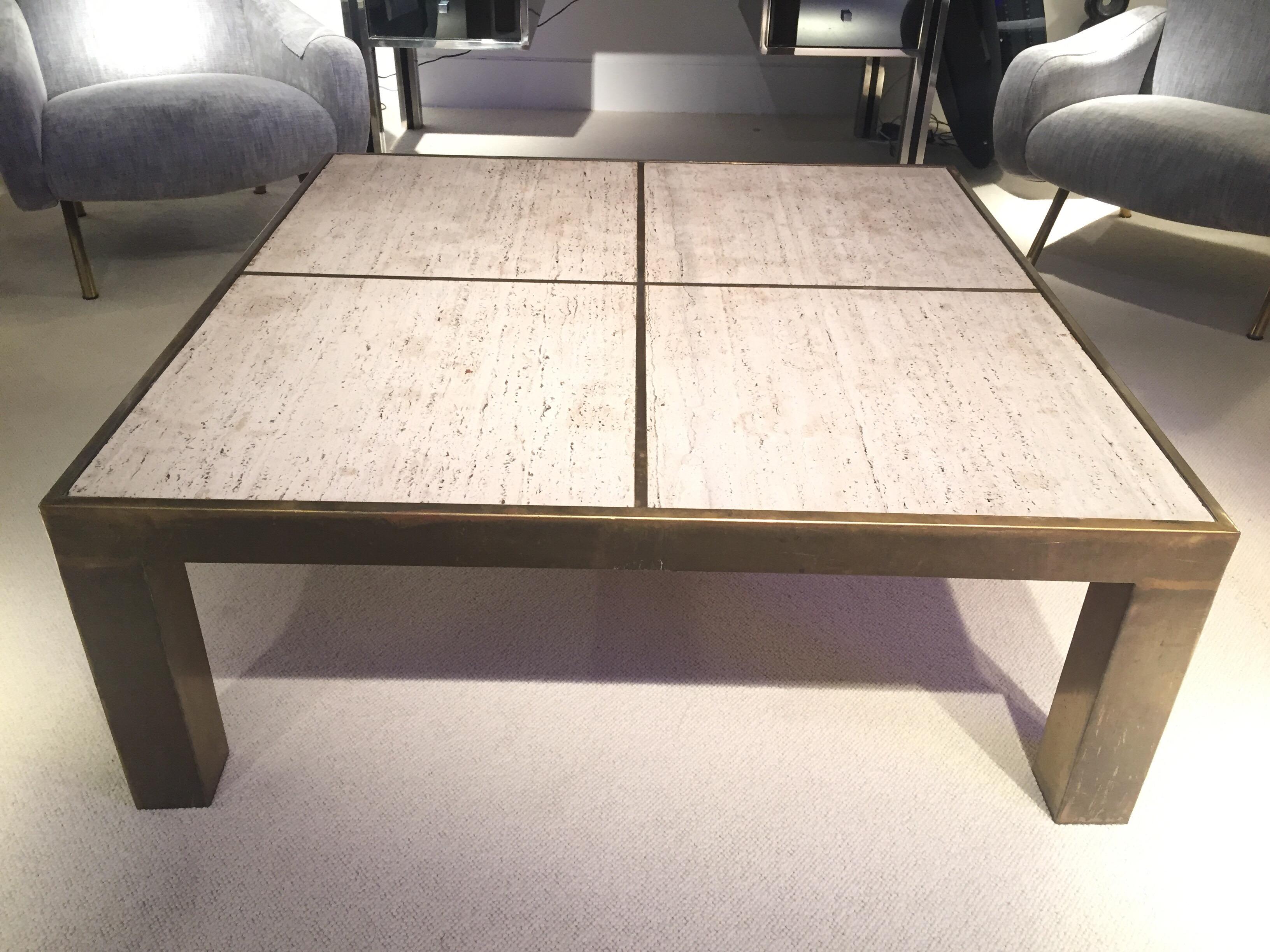 French 1970s Brass Coffee Table and Travertine Top