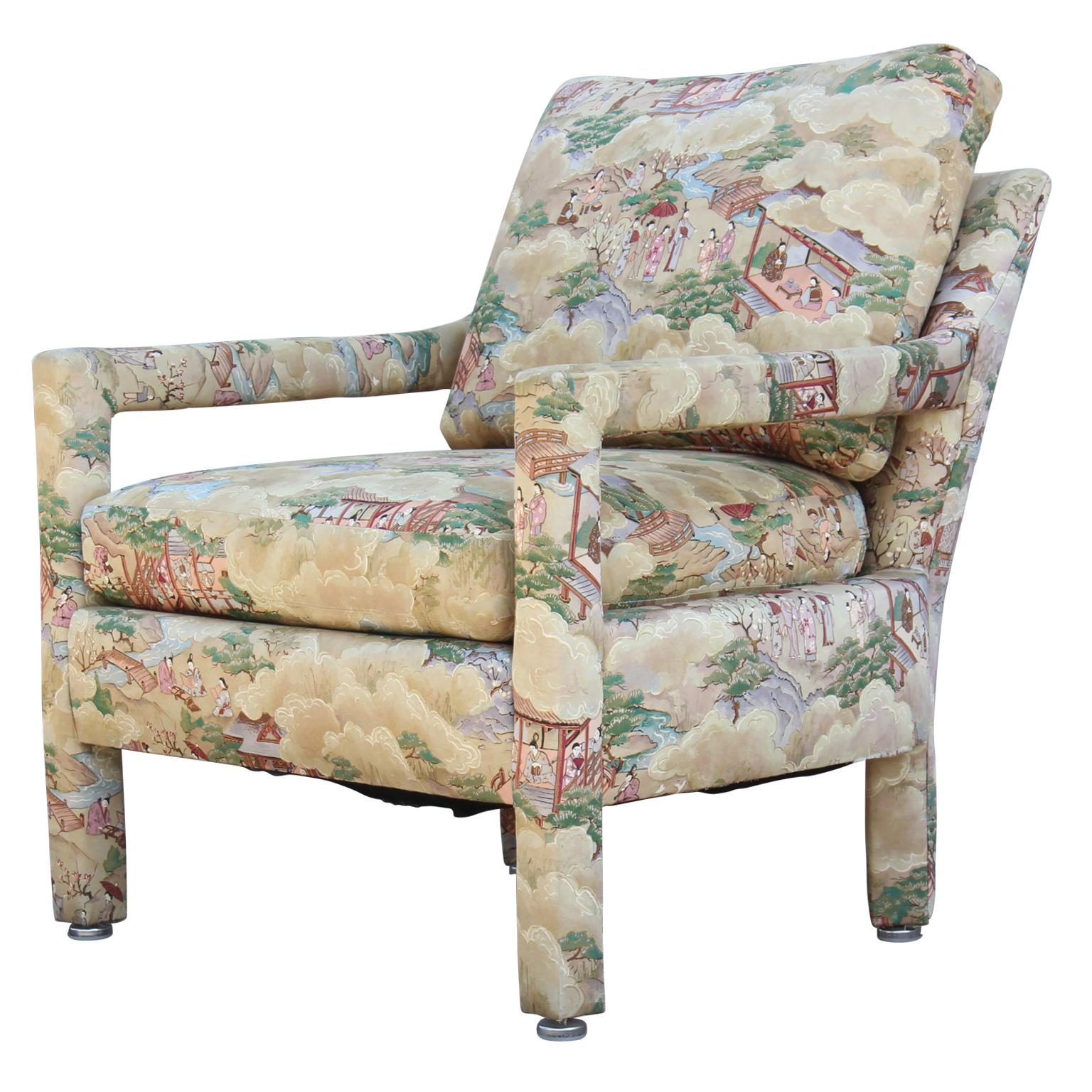 Set of Two Modern Barrel Back Lounge Chairs with Chinoiserie Landscape Fabric In Excellent Condition In Houston, TX