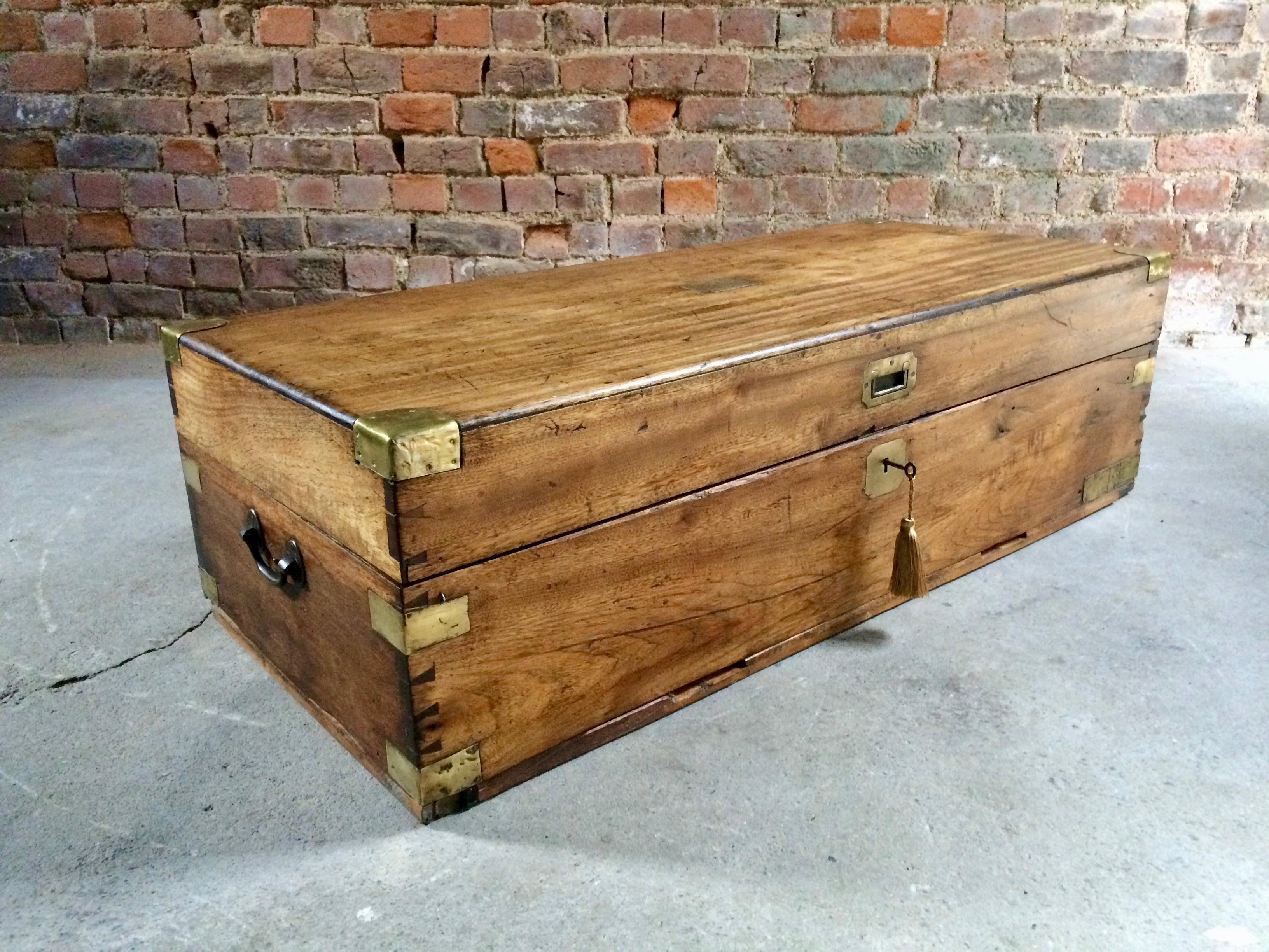 Large Antique Campaign Travel Trunk Chest Coffer Teak Victorian, 19th Century In Good Condition In Longdon, Tewkesbury