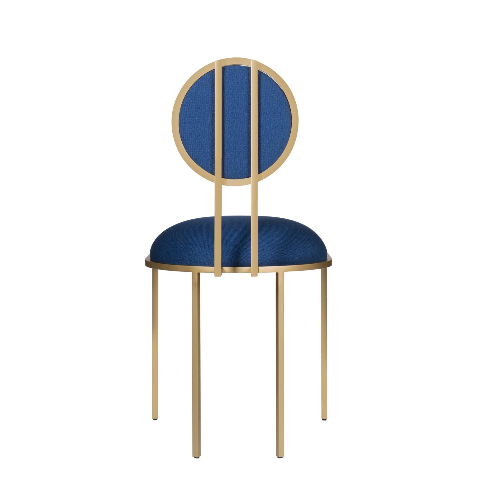 Portuguese Orbit Dining Chair in Blue Wool Fabric, Brushed Brass, by Lara Bohinc For Sale