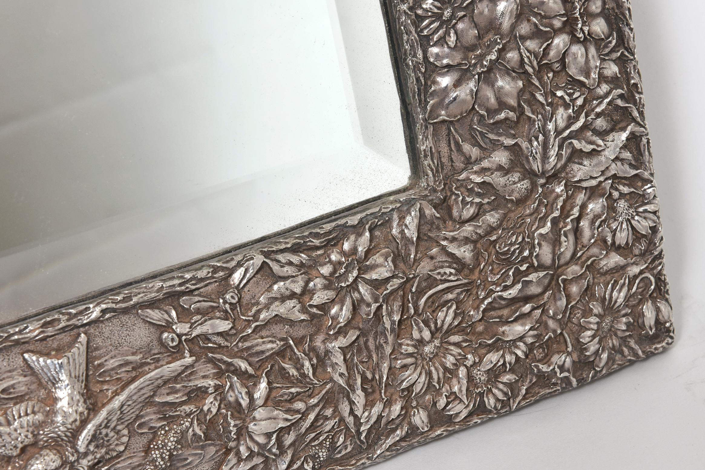Repoussé Flowers and Birds Sterling Silver Framed Table Vanity Mirror In Good Condition In Miami Beach, FL