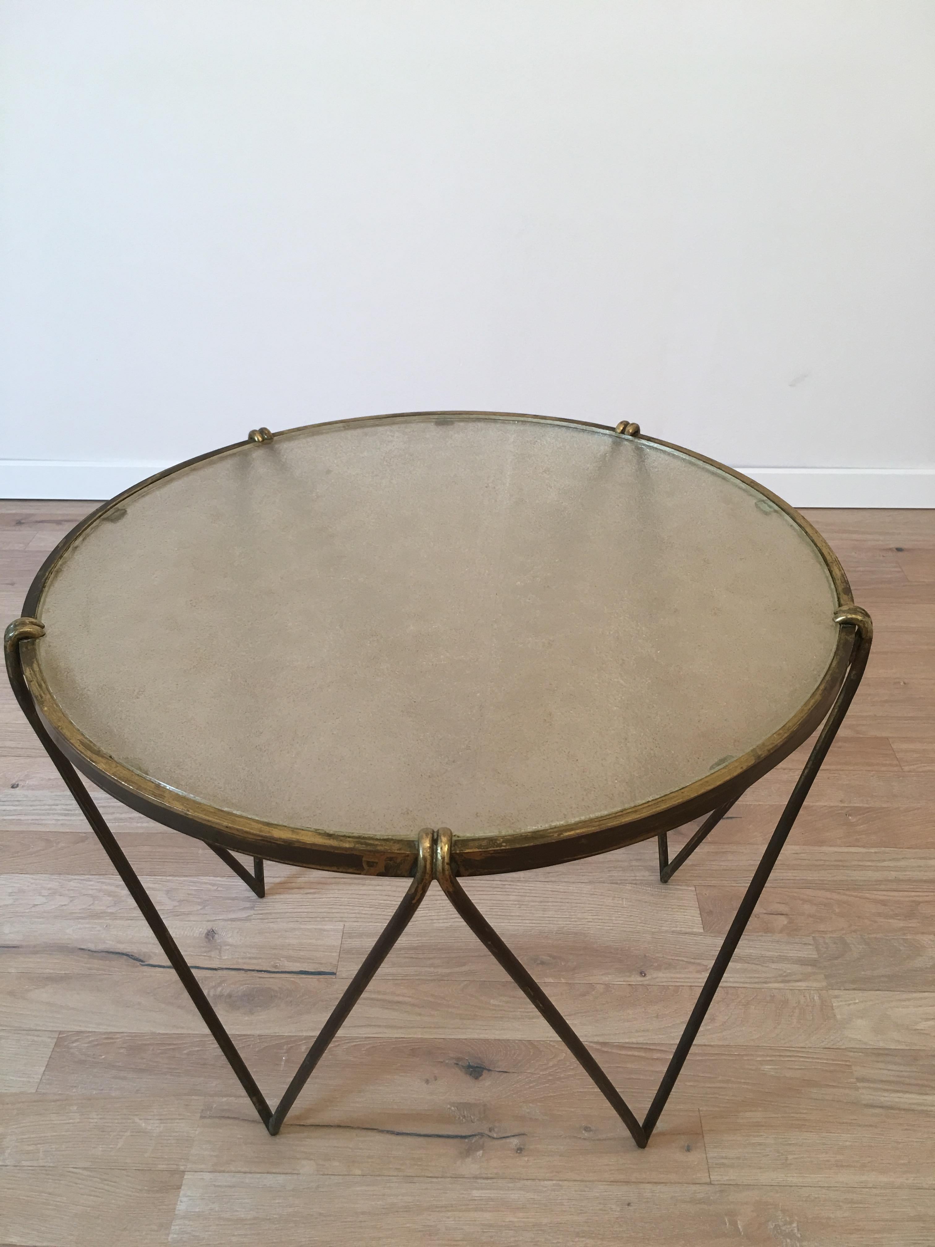 French Jean Royere Style 1950s Gueridon, Gilt Metal Frame, Saint Gobain Slab Glass Top For Sale