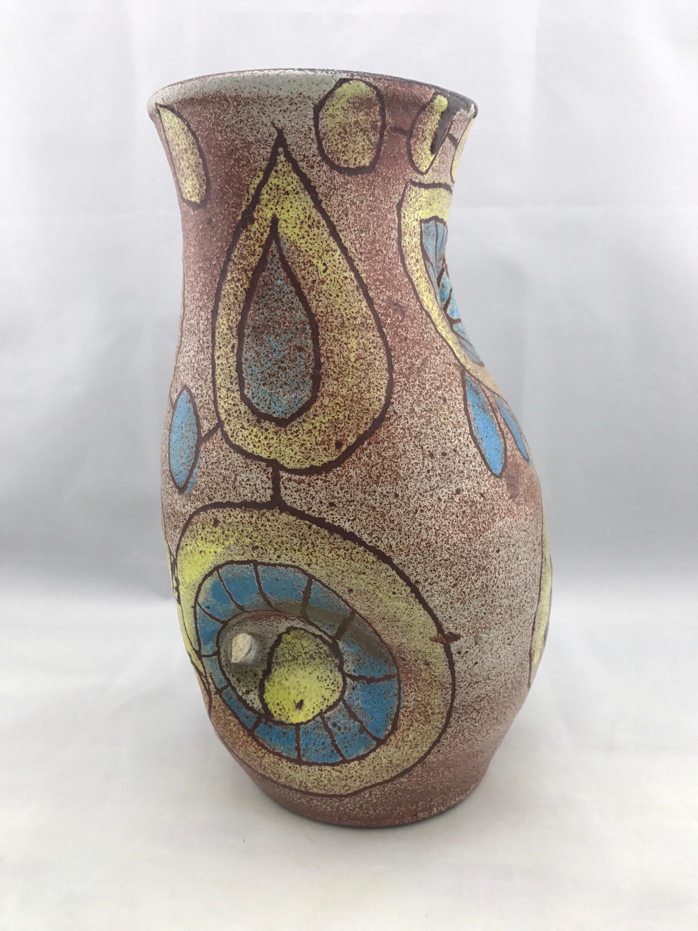 Mid-20th Century Mid-Century Modern French Vase by Accolay, Vintage Blue & Yellow Modernist Owl
