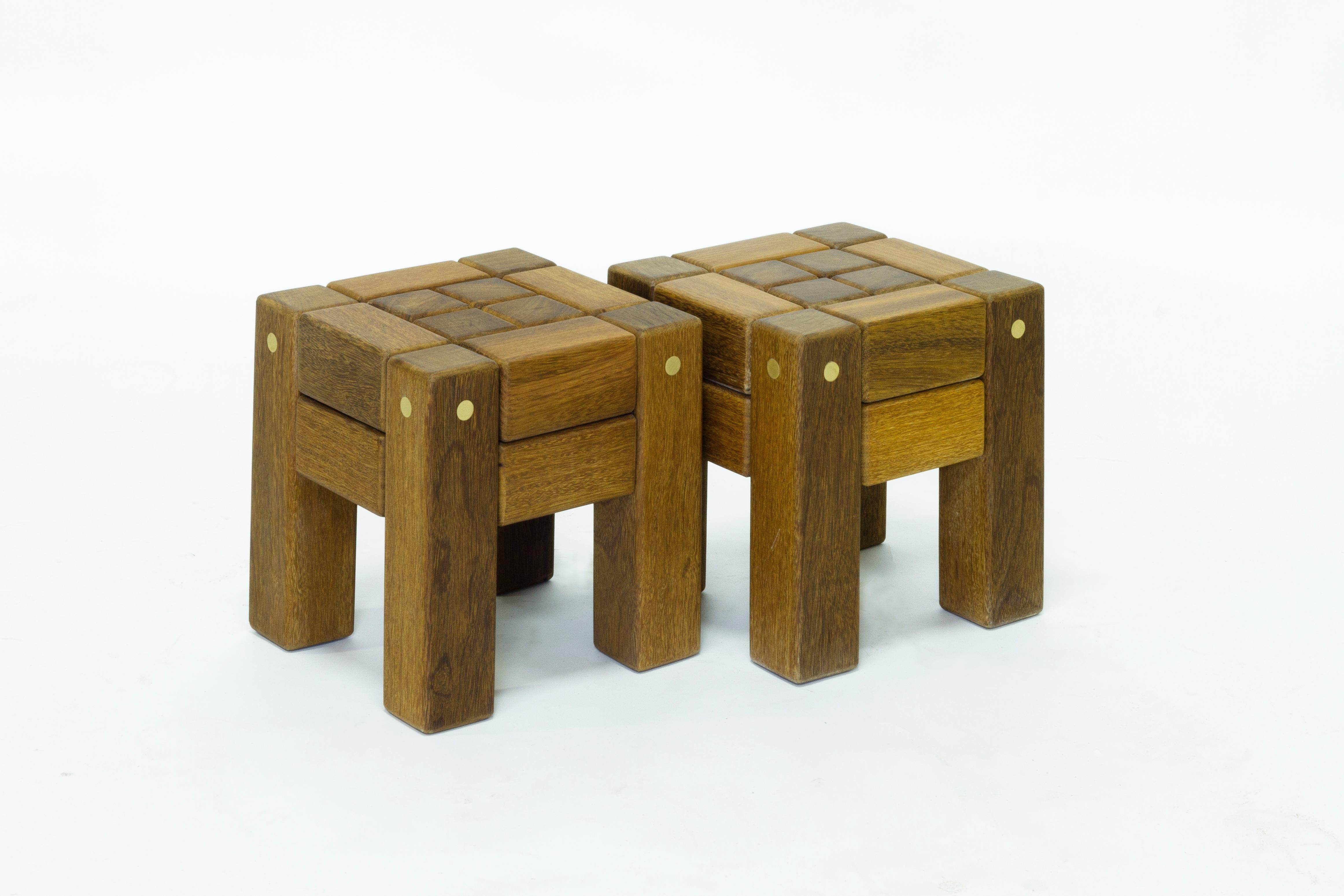 Woodwork Stool in Hardwood and Brass. Brazilian Contemporary Design by O Formigueiro. For Sale