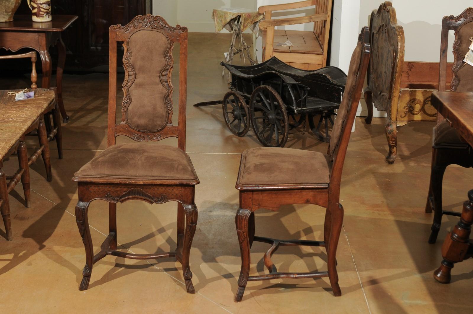 Carved Italian 18th Century Roman Rococo Dining Room Side Chairs with Suede Upholstery