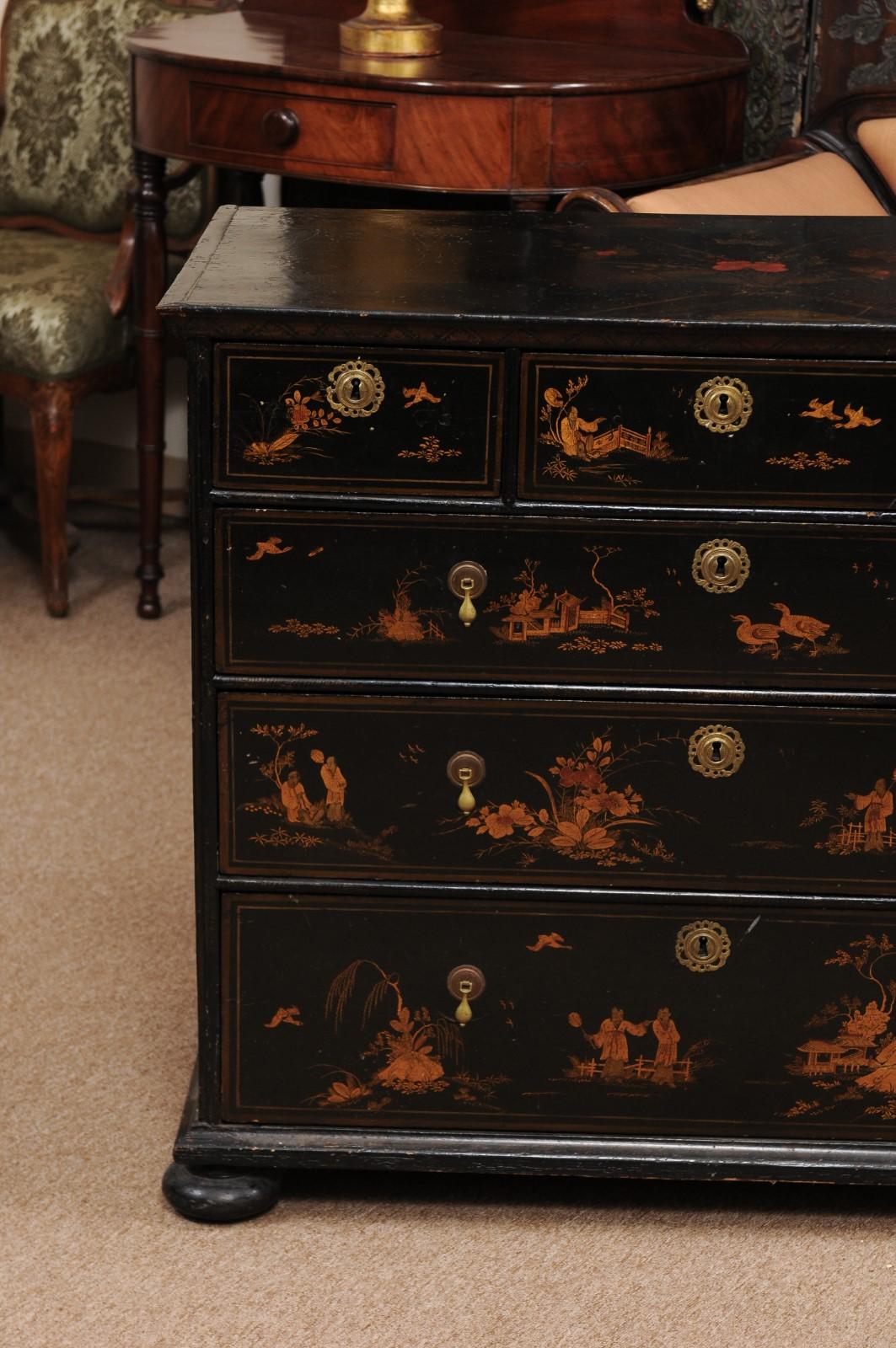 English 18th Century Chinoiserie Black Painted Chest, England