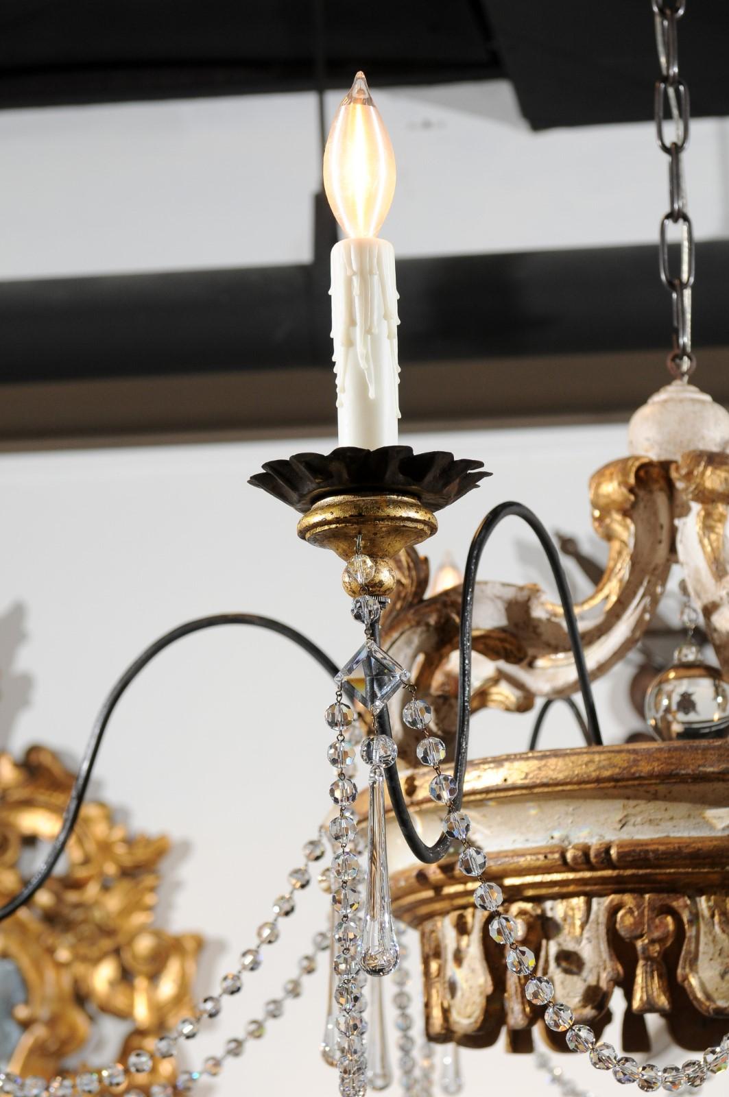 Hand-Carved Rococo Style Five-Light Crystal Parcel-Gilt Crown Chandelier with Swoop Arms
