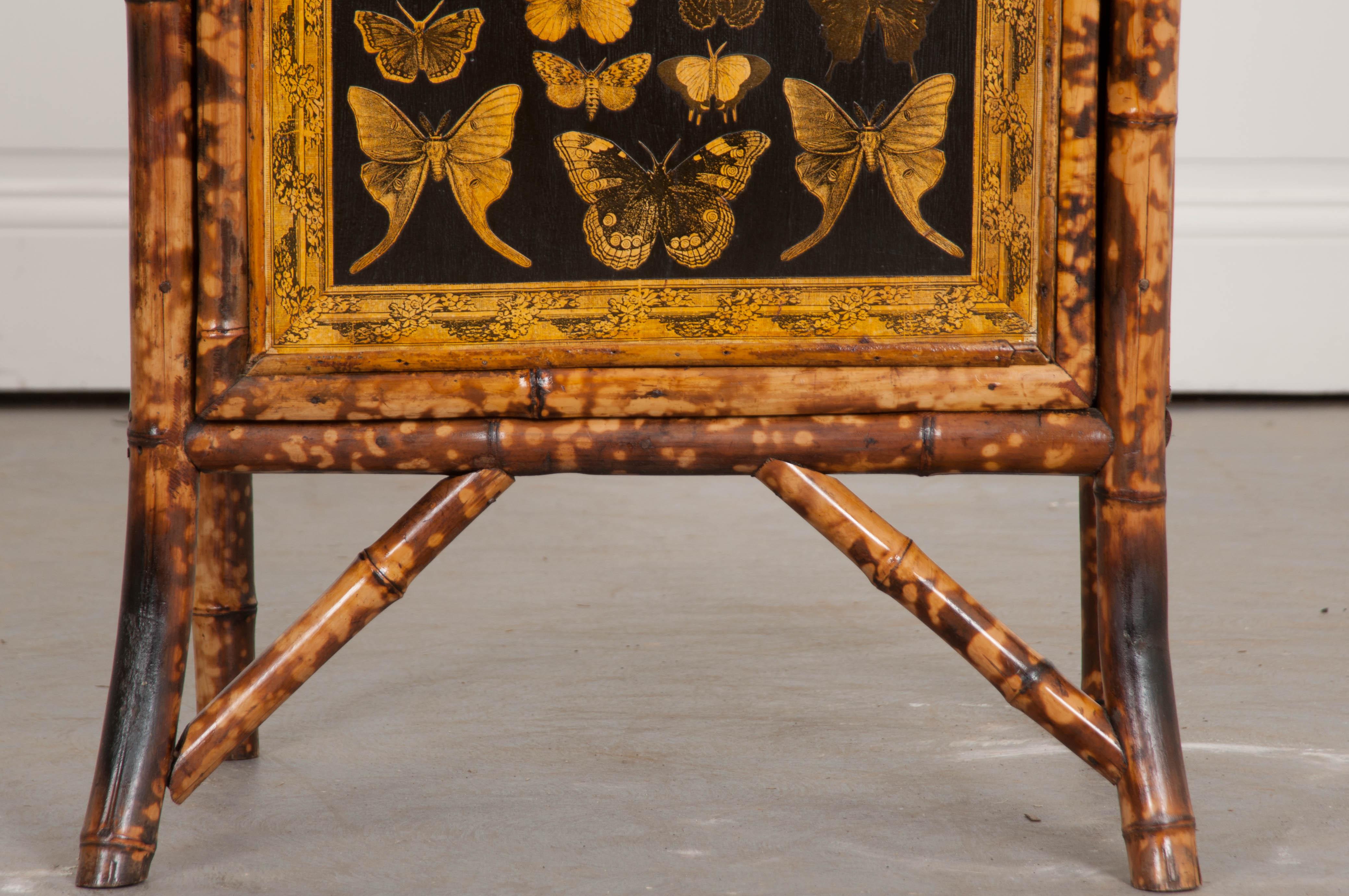 English 19th Century Découpage Moth Bamboo Cabinet In Good Condition In Baton Rouge, LA