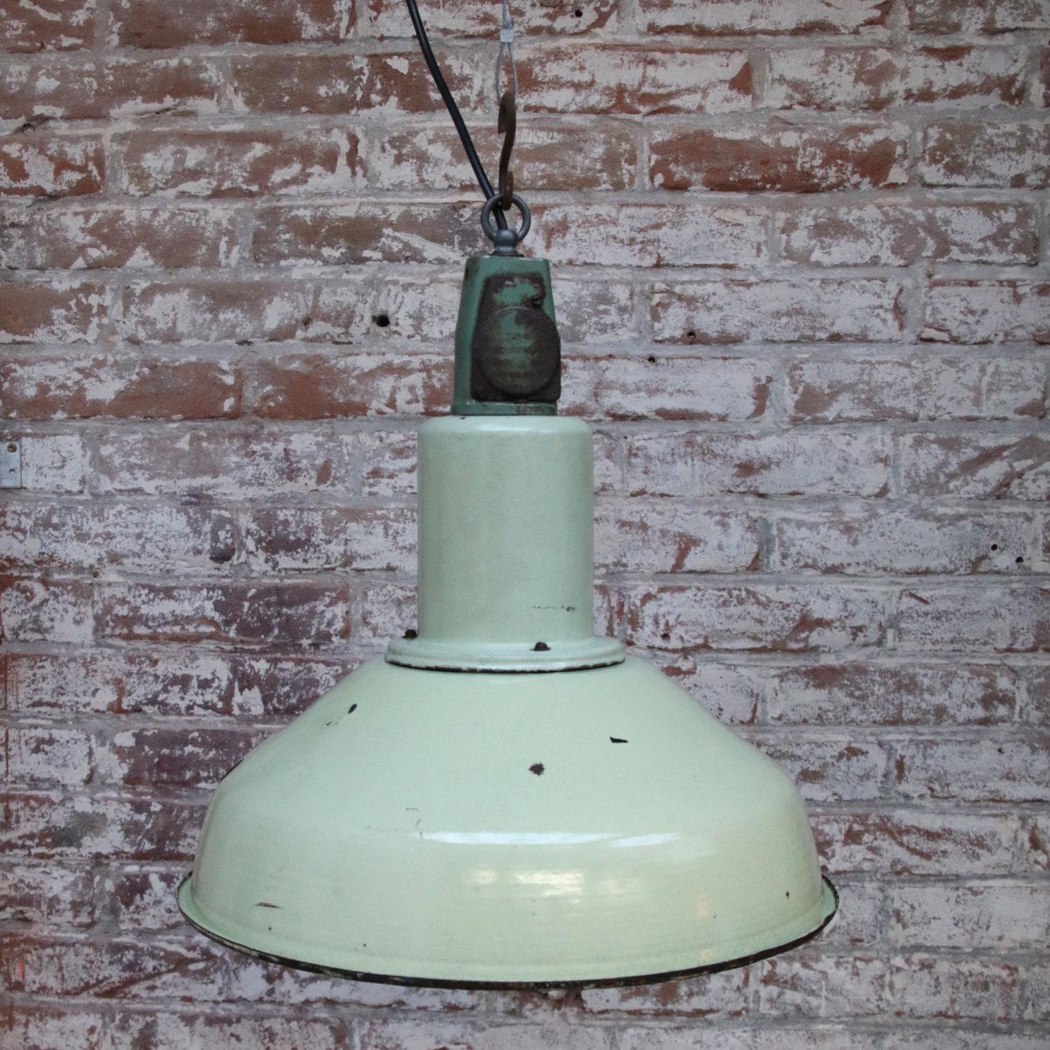 Cast Green Enamel Vintage Industrial Enamel Top Pendant Lamps (3x)
