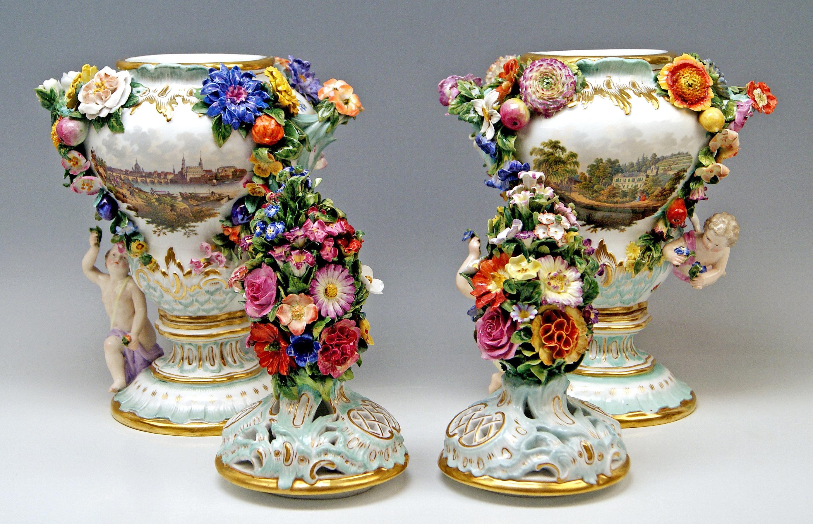 Meissen Two Potpourri Vases 2707 Painted Pictures Cherubs Flowers Kaendler 1870 In Good Condition In Vienna, AT